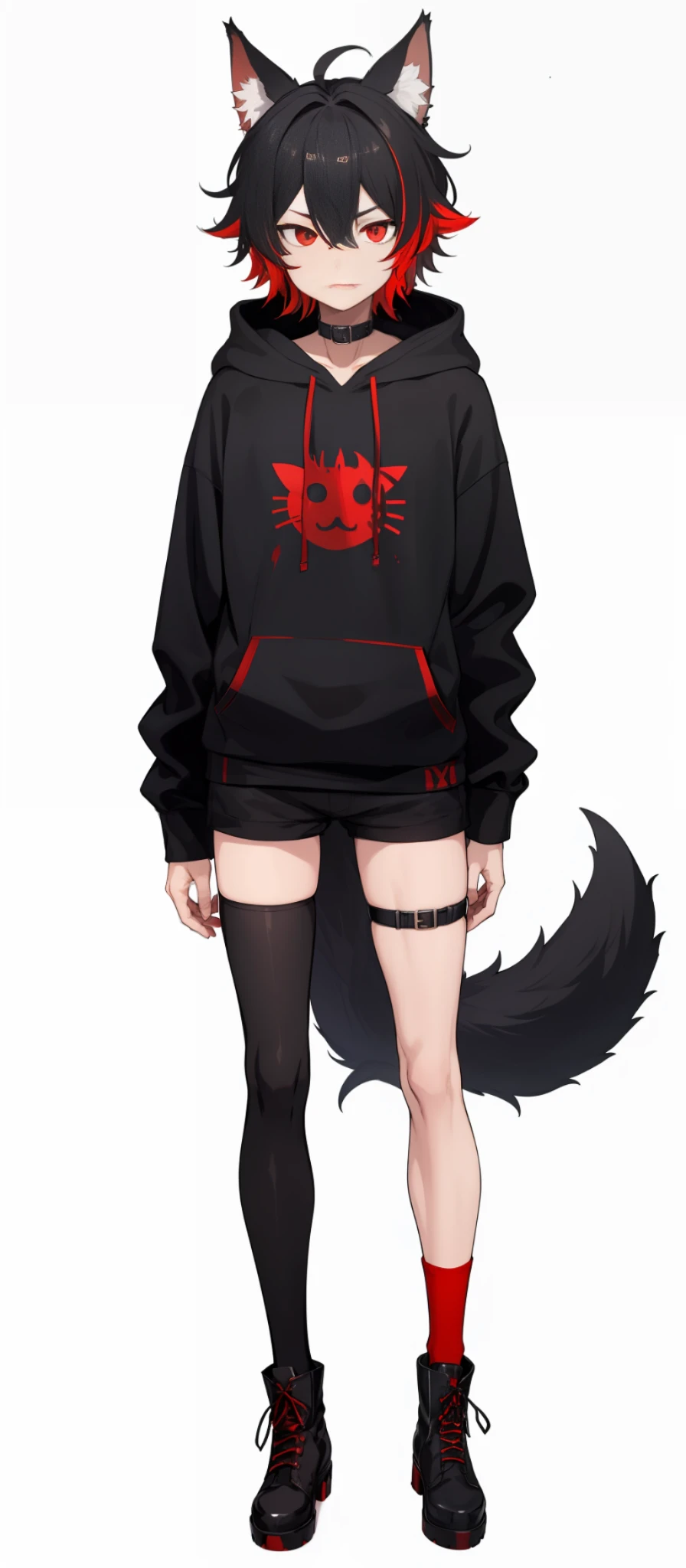 cat-boy, toned, sharp big wolf ears, wolf tail, big black messy hair, extremely vibrant red eyes, HD, masterpiece, vibrant, slim dark black hoodie, full body view, neutral face, black thigh socks, combat boots.