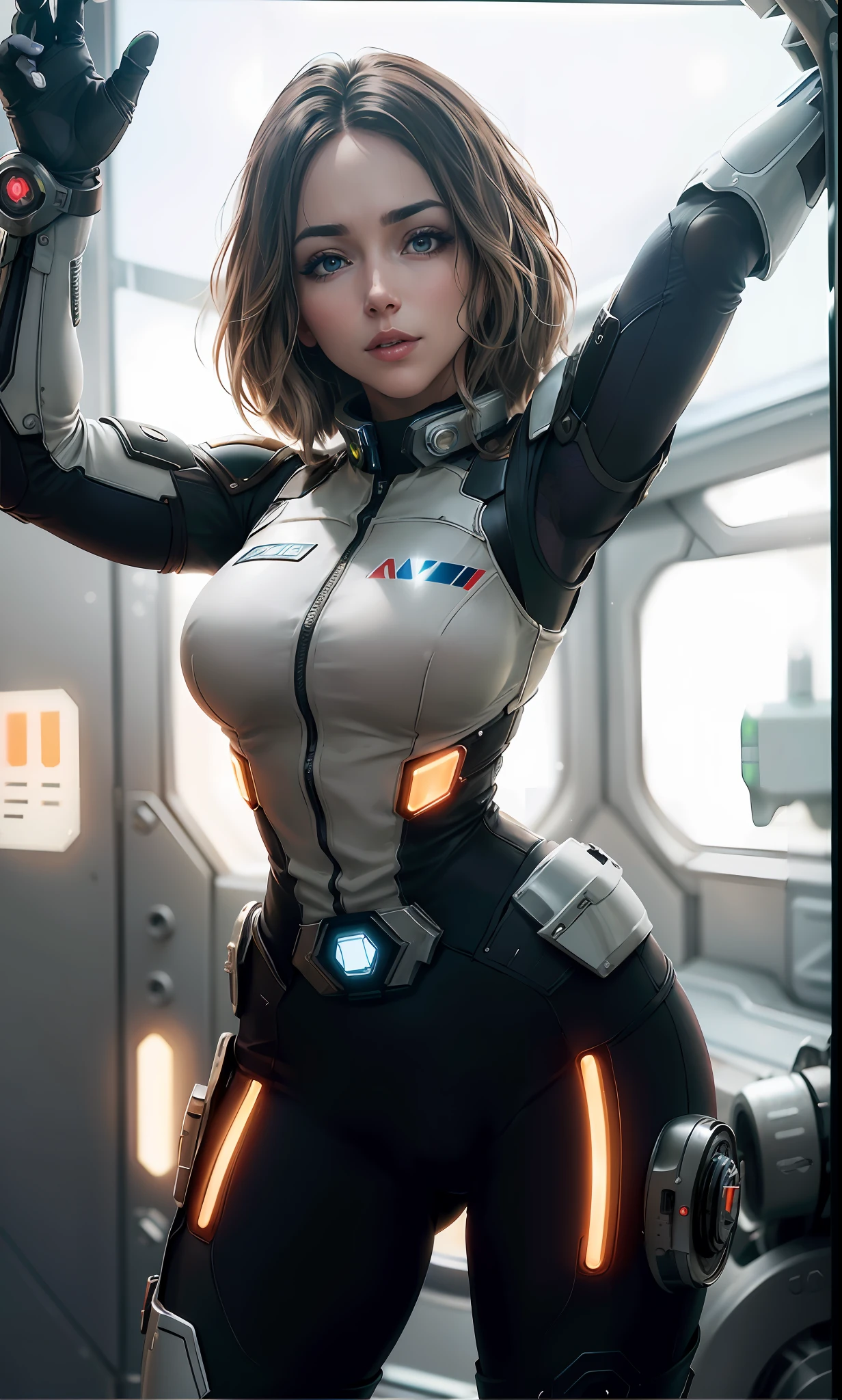 Daisy Jhonson as the captain of a spaceship, looking through a glass window to space, (inspired by mass effect), one piece armor, arms up, armpit, (8k, foto RAW, fotorrealista: 1,25), (muito brilho labial, muitos cílios, melhor qualidade, ultra alta resolução, profundidade de campo, aberração cromática, luz ampla, cor natural, picture from distance (1:2)