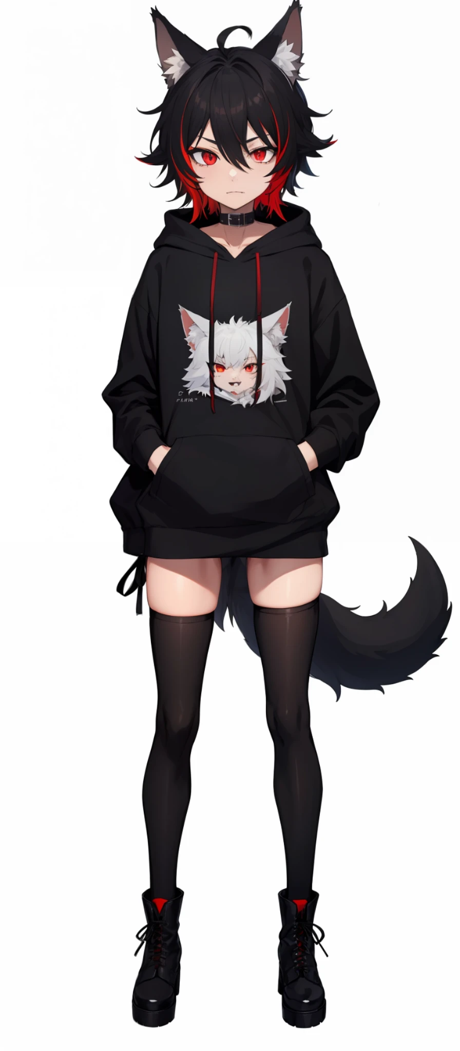 cat-boy, toned, sharp big wolf ears, wolf tail, big black messy hair, extremely vibrant red eyes, HD, masterpiece, vibrant, slim dark black hoodie, full body view, neutral face, black thigh socks, combat boots.