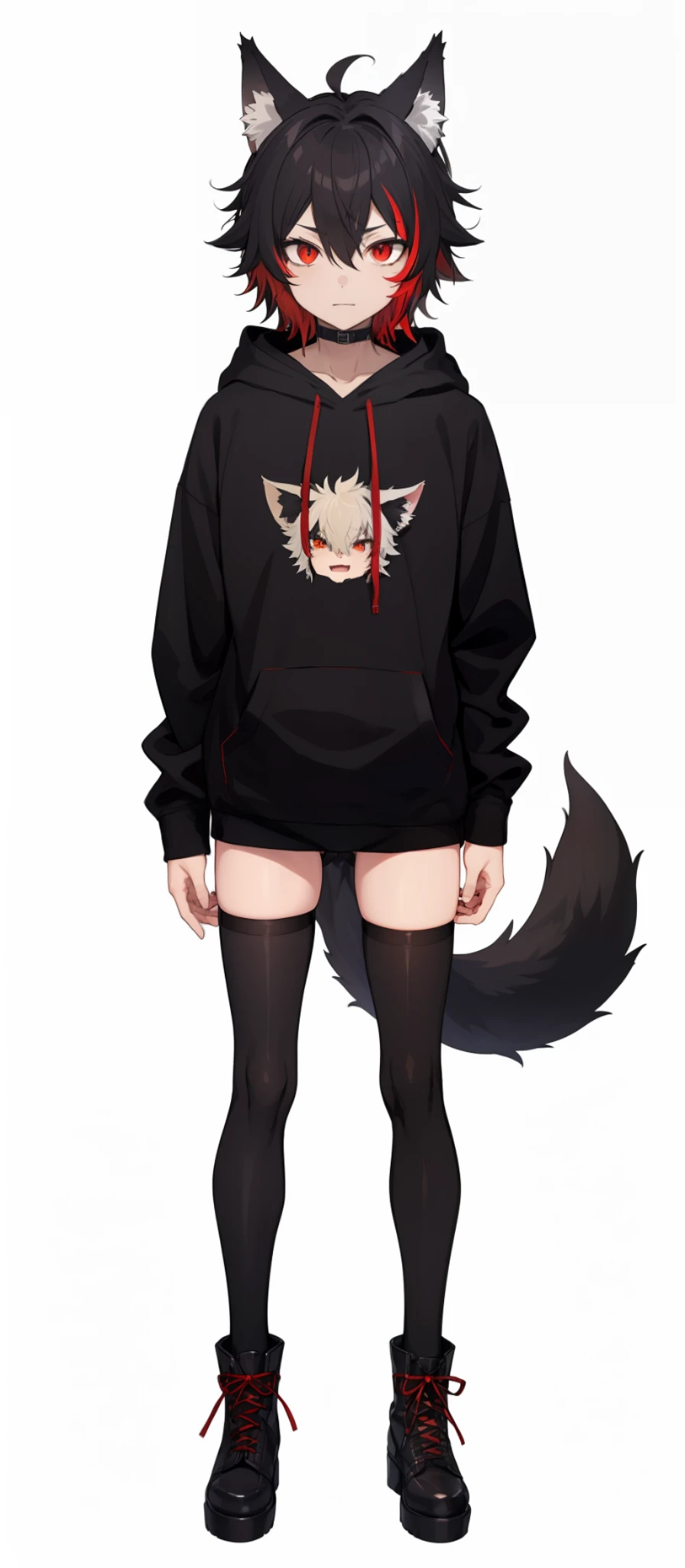 cat-boy, toned, sharp big wolf ears, wolf tail, big black messy hair, extremely vibrant red eyes, HD, masterpiece, vibrant, slim dark black hoodie, full body view, neutral face, black thigh socks, combat boots.