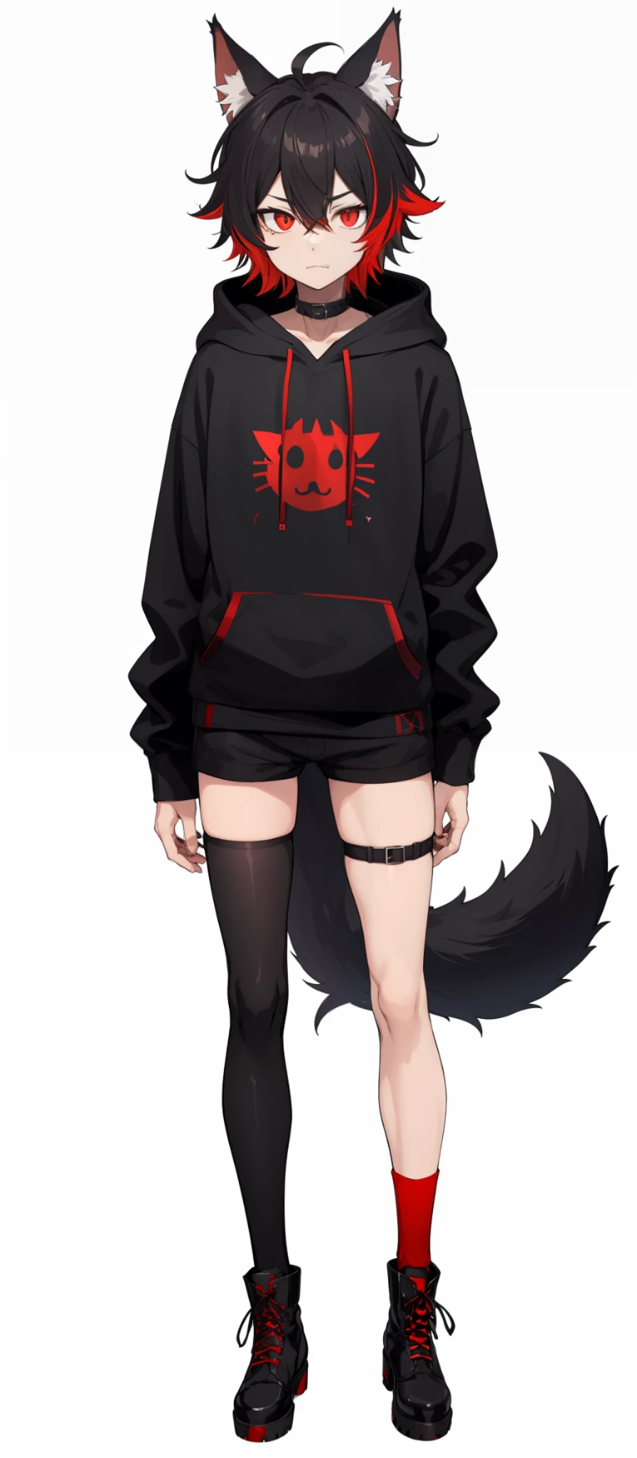 cat-boy, toned, sharp big wolf ears, wolf tail, big black messy hair, extremely vibrant red eyes, HD, masterpiece, vibrant, slim dark black hoodie, full body view, neutral face, black thigh socks, combat boots.