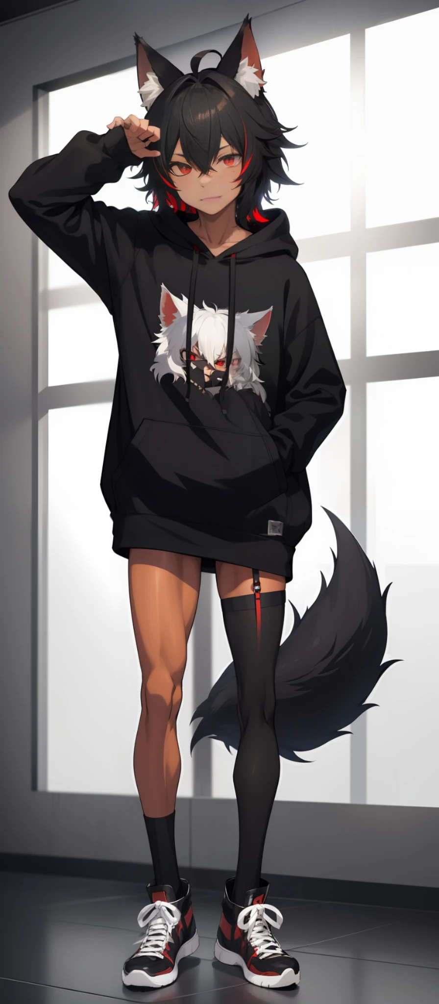 cat-boy, toned, sharp big wolf ears, wolf tail, big black messy hair, extremely vibrant red eyes, HD, masterpiece, slim dark black hoodie, full body view, neutral face, black thigh socks, combat boots.