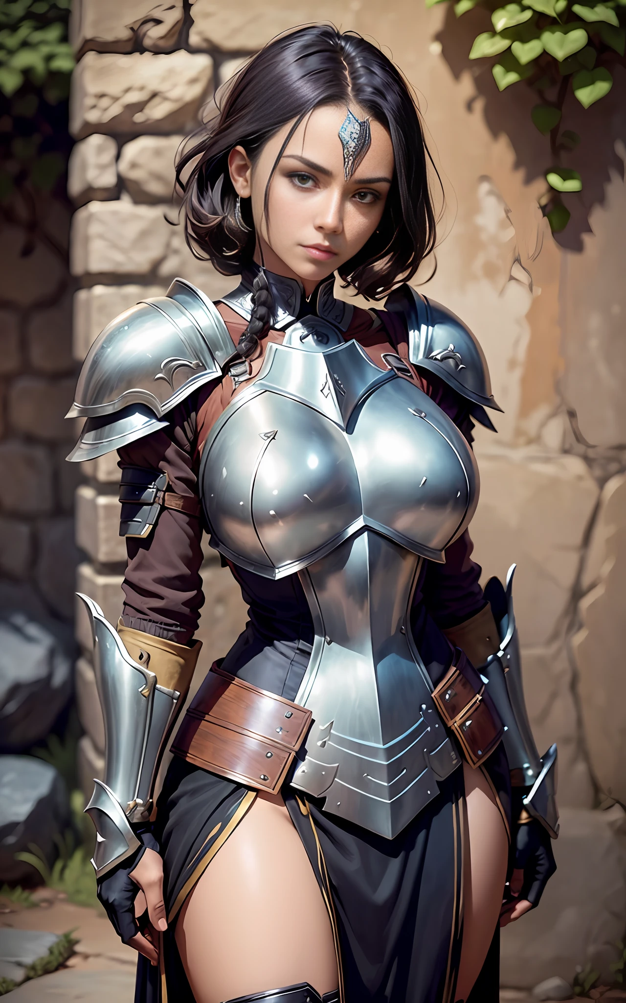 ((realistic image of beautiful young African warrior)), slight smile, ((standing in front of a stone wall)), wearing rusty Mandalorian armor, short dreadlock hair, leather boots, dark background lighting, close-up, detailed facial details, perfect face, sharpness, trend art, sharp facial details, ultra high quality, line art, high fantasy, exquisite, 4k, soft lighting 8k, Dreamer --ISO 100, anime, line art (extremely detailed 8k wallpaper), image a noble lady, the lord of the castle wife, wearing a Mandalorian armor, dramatic lighting and shadows, 8k resolution, intricate, high detail, dramatic, knight, female solo, hands resting on the sword, whole body, serene look, gauntlets, gloves, breastplate, shoulder armor, black gloves, serene face, armored vest, sword sheathed at waist, thick waist, huge breasts