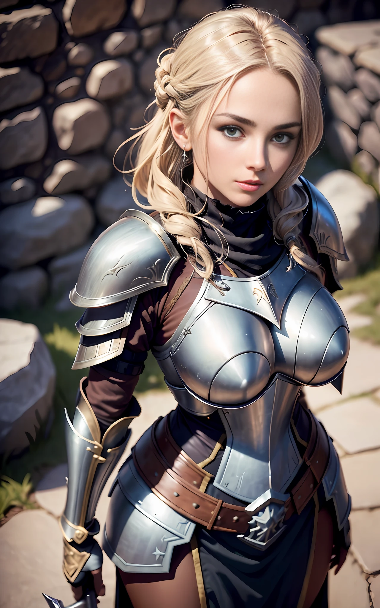 ((realistic image of beautiful young African warrior)), slight smile, ((standing in front of a stone wall)), wearing rusty Mandalorian armor, short dreadlock hair, leather boots, dark background lighting, close-up, detailed facial details, perfect face, sharpness, trend art, sharp facial details, ultra high quality, line art, high fantasy, exquisite, 4k, soft lighting 8k, Dreamer --ISO 100, anime, line art (extremely detailed 8k wallpaper), image a noble lady, the lord of the castle wife, wearing a Mandalorian armor, dramatic lighting and shadows, 8k resolution, intricate, high detail, dramatic, knight, female solo, hands resting on the sword, whole body, serene look, gauntlets, gloves, breastplate, shoulder armor, black gloves, serene face, armored vest, sword sheathed at waist, thick waist, huge breasts