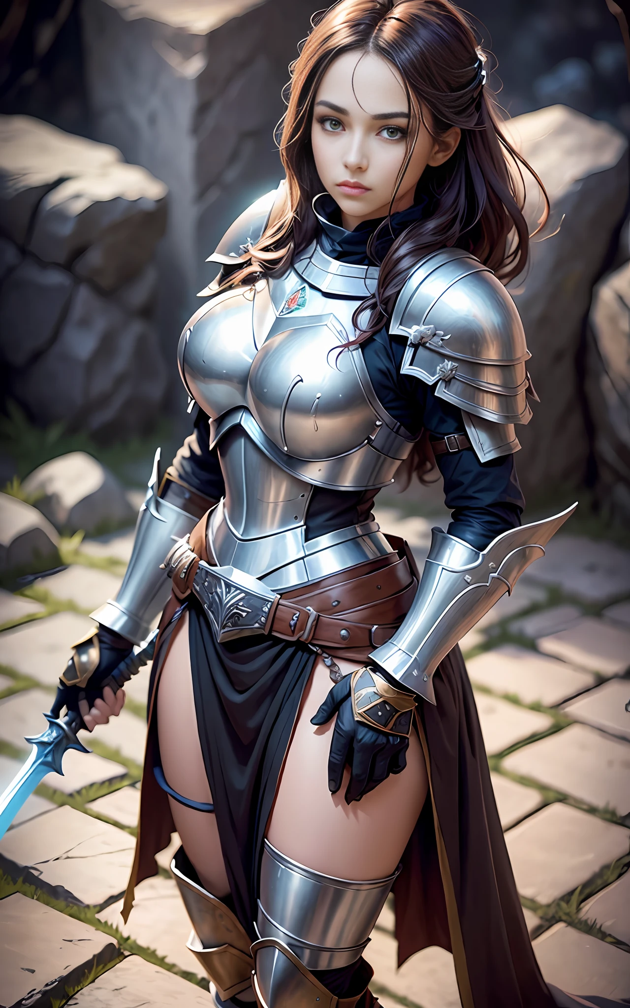 ((realistic image of beautiful young African warrior)), slight smile, ((standing in front of a stone wall)), wearing rusty Mandalorian armor, short dreadlock hair, leather boots, dark background lighting, close-up, detailed facial details, perfect face, sharpness, trend art, sharp facial details, ultra high quality, line art, high fantasy, exquisite, 4k, soft lighting 8k, Dreamer --ISO 100, anime, line art (extremely detailed 8k wallpaper), image a noble lady, the lord of the castle wife, wearing a Mandalorian armor, dramatic lighting and shadows, 8k resolution, intricate, high detail, dramatic, knight, female solo, hands resting on the sword, whole body, serene look, gauntlets, gloves, breastplate, shoulder armor, black gloves, serene face, armored vest, sword sheathed at waist, thick waist, huge breasts