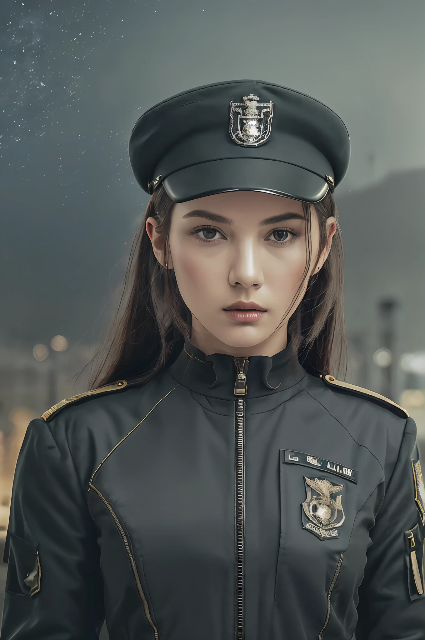 Complex 3d rendering android face super detailed beautiful porcelain silhouette woman, 1gril, no chest, (blurred (street|beach|starry sky|evening) background, russian standard military cap, military uniform color is dark green, dark blue or dark gray, plus other dark tones such as black and brown. Generally speaking, the appearance of military uniforms is rigorous and conforms to the image and standards of military personnel. There are many details on the military uniform, such as the reinforcement of pockets, elbows, knees, etc., as well as the concealed zipper design and tight cuffs. These designs are designed to improve the practicality and protection of military uniforms. Military uniforms usually carry various logos such as epaulettes, armbands, chest tags and rank insignia, etc.), military uniform, 150 mm, beautiful studio soft light, edge light, elegant, beautiful background, octane rendering, HR Giger style, 8k, top quality, masterpiece, illustration, smooth beauty, highly detailed, CG wallpaper, (realistic, realisticity: 1.37), excellent, exquisite details, masterpiece, top quality, official art, very detailed -- v 6