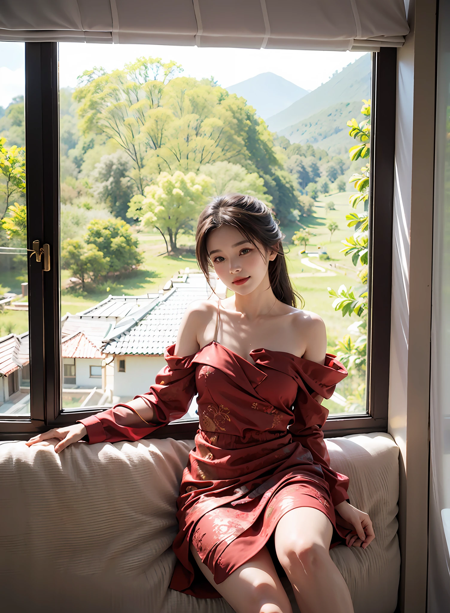 Woman in black sunglasses and red dress sitting on windowsill, wearing red dress, next to the window, near the window, Gorgeous Lady, solo, 1Girl of (20 yo), 20-year-old girl, young, aging, (lips slightly open), light smile, (thighs), jin clothing, jinstyle, outdoors, (looking view viewer: 1.3), perspective, (light blush), delicate eyes, (Complex: 1.05), (Looking at the audience), (Shiny skin, Skin dents), Wide Angle, Hanfu, Shiny Skin, Skin Dents, Best Quality, Ultra High Resolution, (Realism: 1.4),