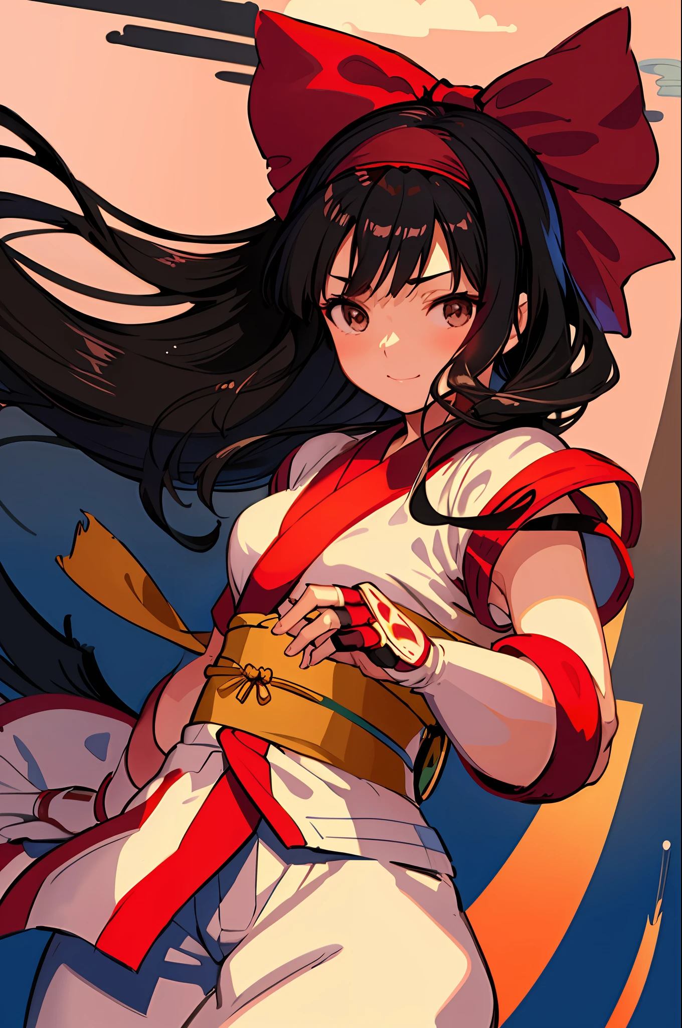 masterpiece, best quality,1girl, red bow, bow, long hair, hair bow, ainu clothes, solo, hairband, bird, black hair, fingerless gloves, short sleeves, gloves, sash, pants, bangs, red hairband, weapon, breasts, brown eyes, white pants, japanese clothes, nakoruru, light smile, officials art, good composition, official pose, detailed portrait, portrait, bokeh, mountain background with cloud, pencil style, traditional brush, samurai, onmyoji style, high resolution, dramatic lighting and shadow, high contrast, sun