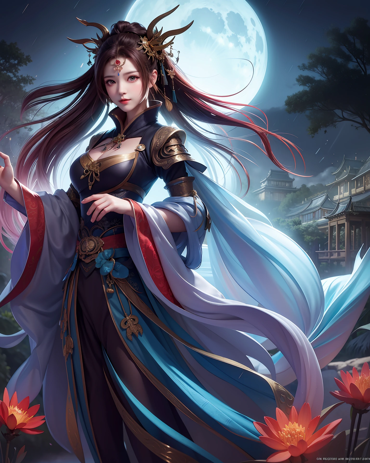 Masterpiece, best quality, night, hills, clouds, full moon, long hair, woman, silhouette, firefly, holding a sword, Hanfu, wearing a long Hanfu, cicadas,