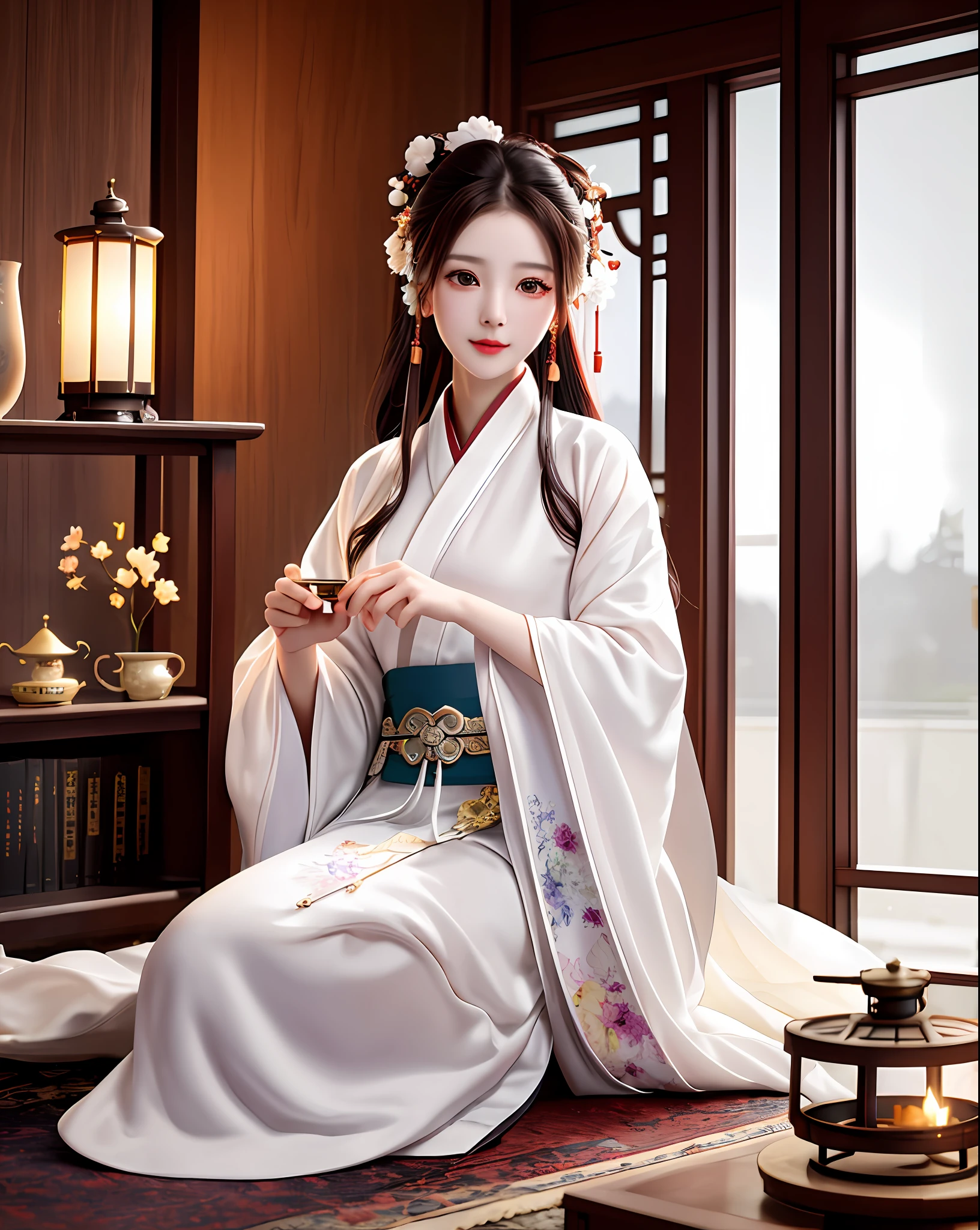 Excellent, masterpiece, high resolution, 1 woman, beauty, Hanfu, white robe, indoor, tea, incense burner, bookcase, oil lamp, warm light