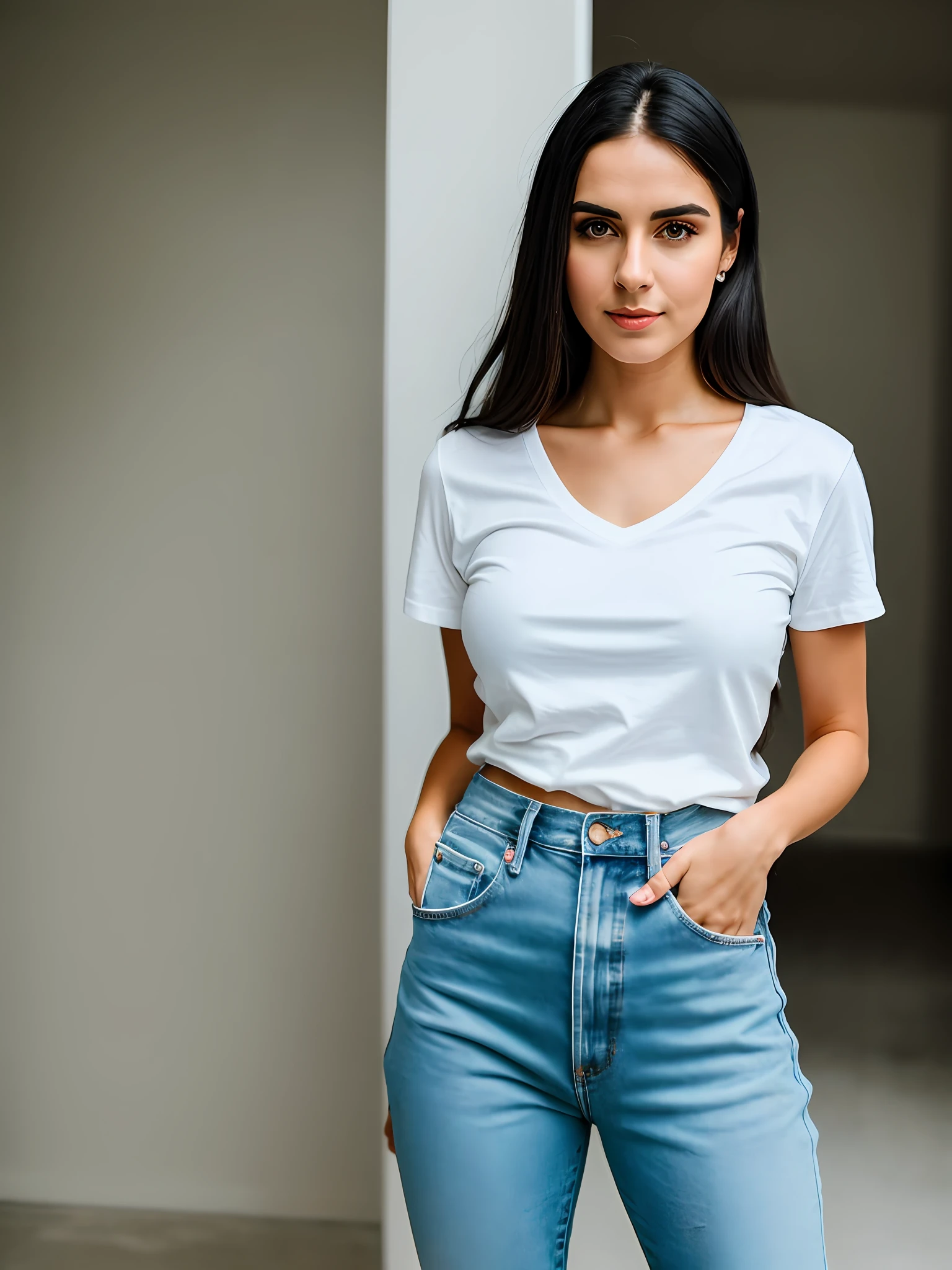 RAW photo, 1woman of 25 years old, a (portrait:1.2) of full body a cute woman wears jeans and a white Tshirt, (high detailed skin:1.2), 8k uhd, dslr, soft lighting, high quality, film grain, Fujifilm XT3, perfect angle