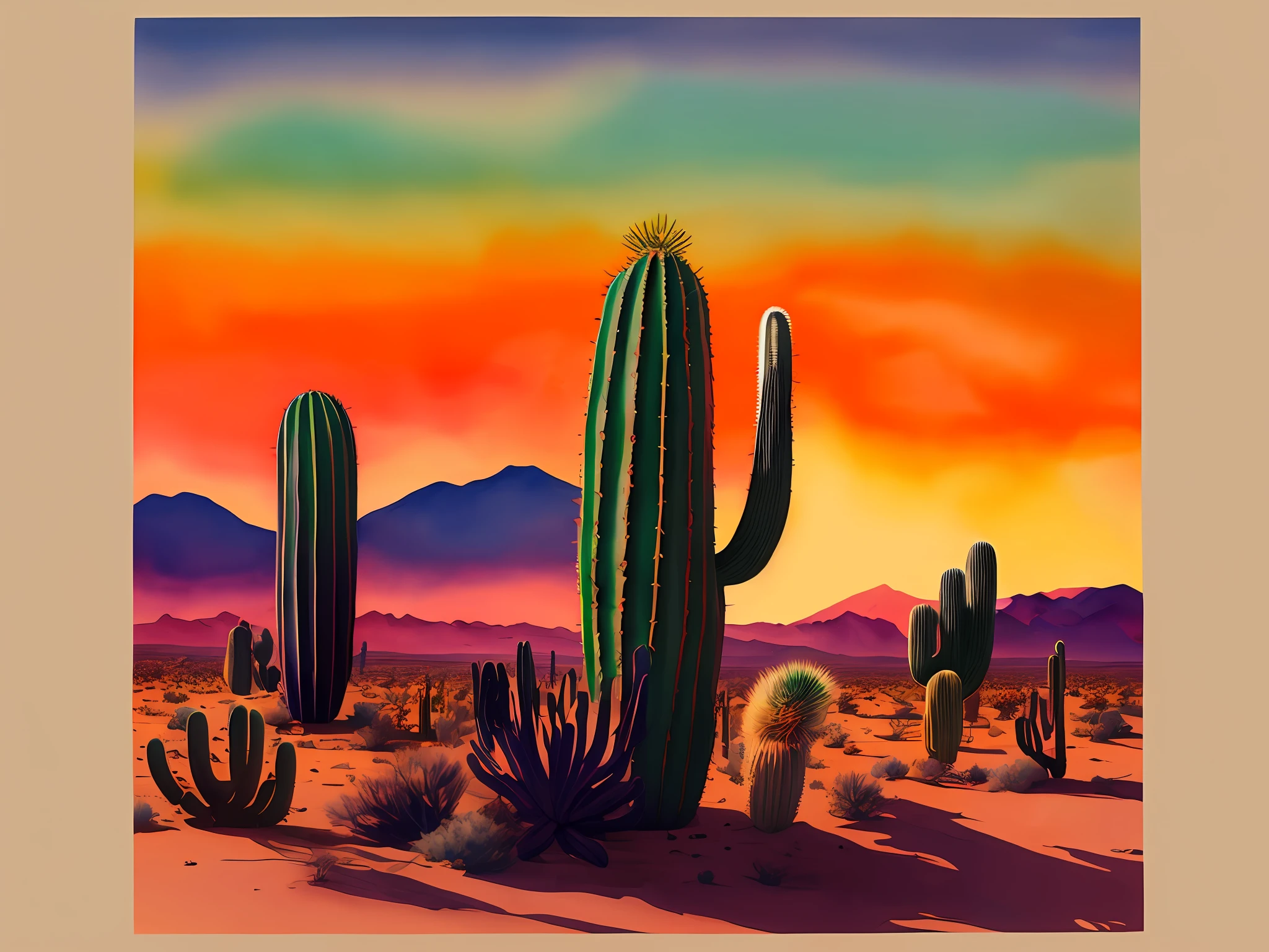 **Sunset over the desert with cactus, retro, watercolour, ilustration