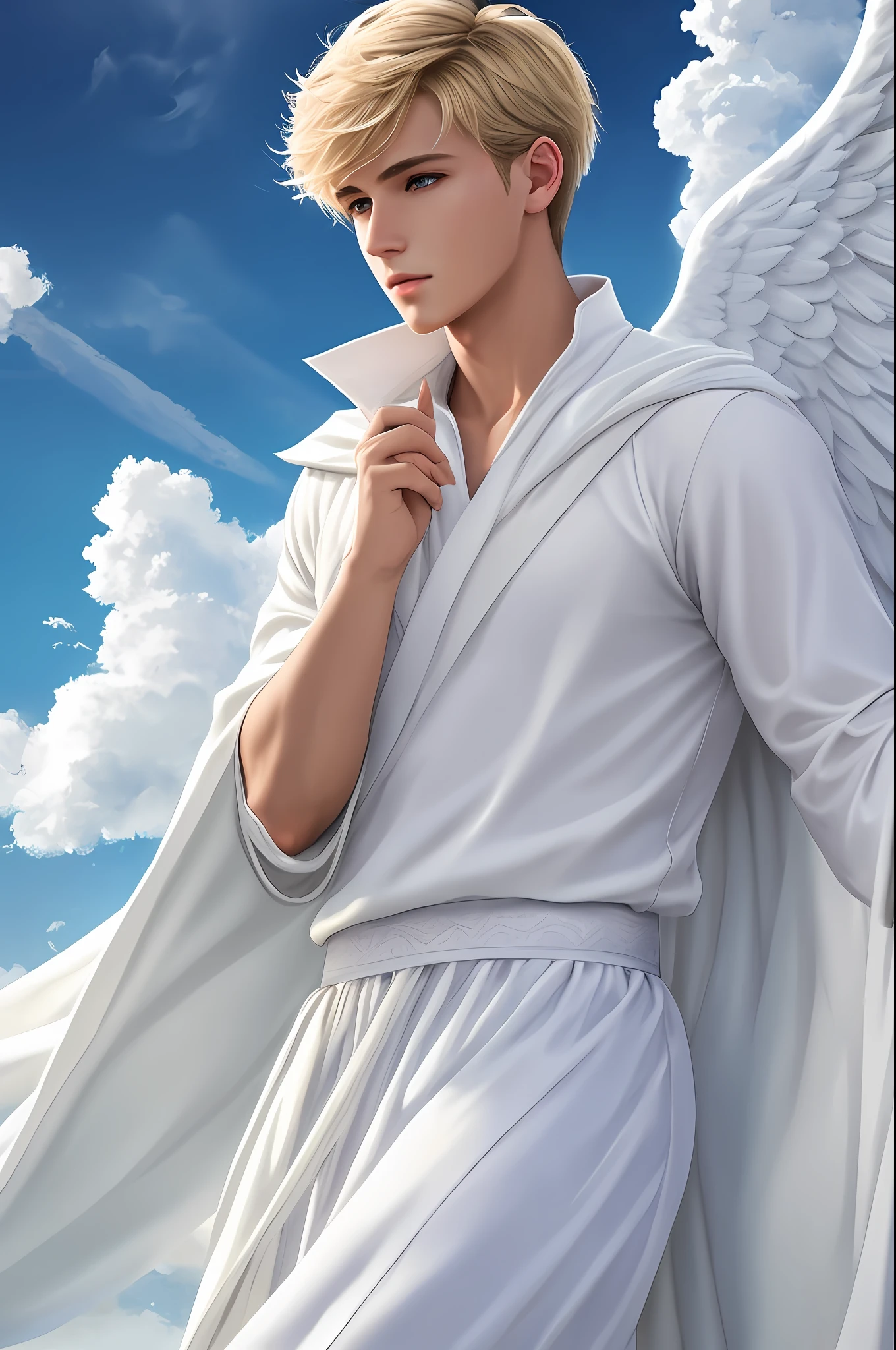 Handsome young man, teenager, male, super realistic, extremely detailed, masterpiece, 8k, short blonde hair, white robe, angelic white skirt, angelic pants, angel halo, big angel wings, blue pupils, white long sleeves, luminosity of the sky, realistic clouds