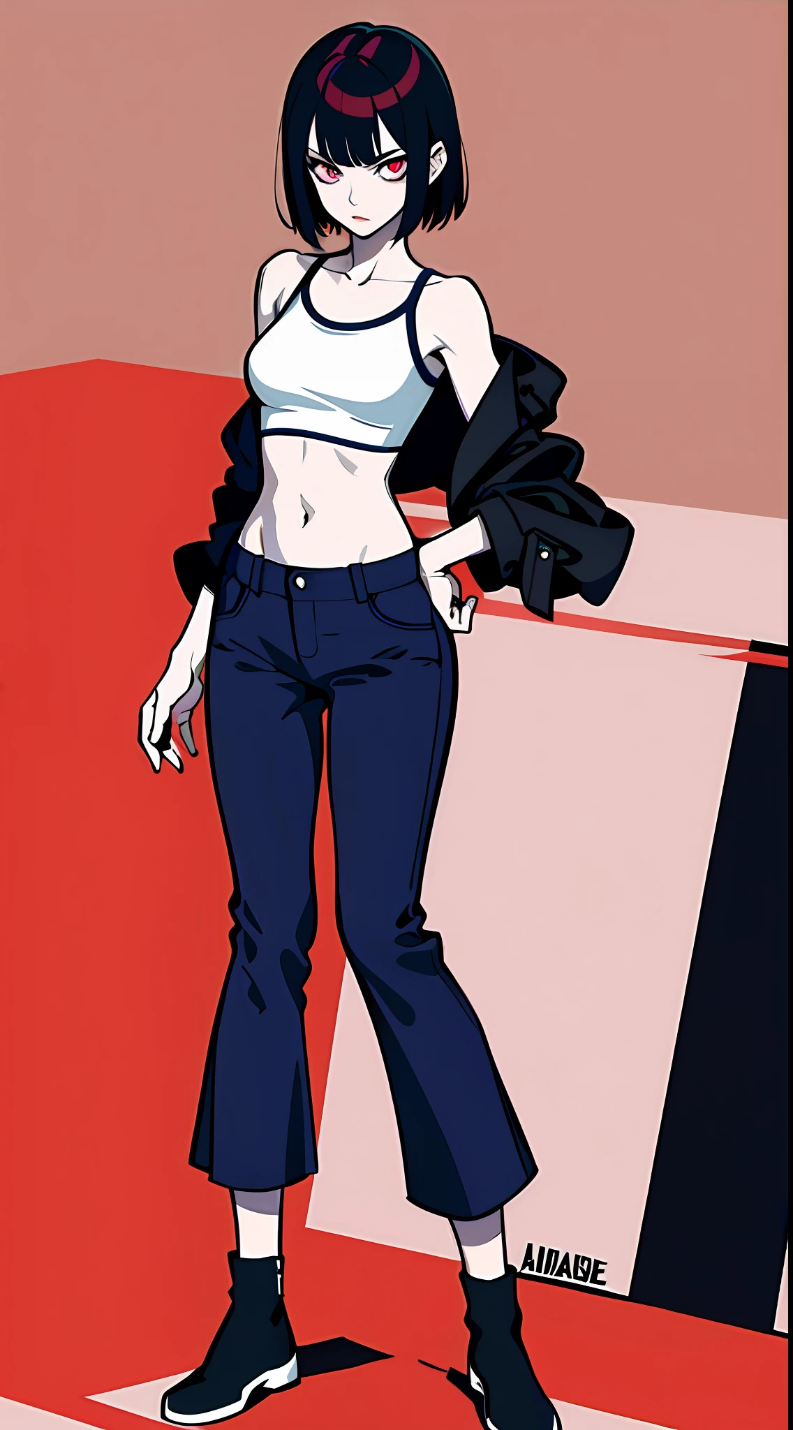 masterpiece, photorealistic, absurdres, best quality, flat color, splash paints, full body, 1girl, colored inner hair, crop top, lowrise long pants, navel, sharp pupils, realistic pupils