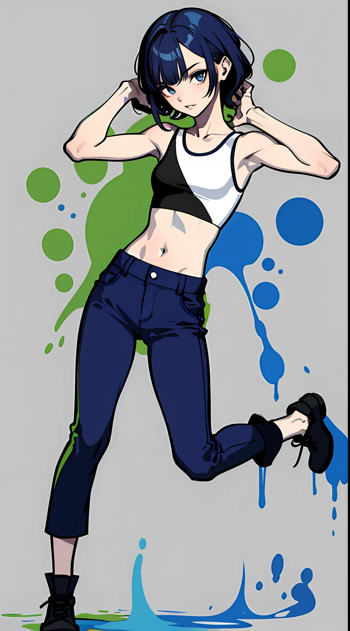 masterpiece, photorealistic, absurdres, best quality, flat color, splash paints, full body, 1girl, colored inner hair, crop top, lowrise long pants, navel
