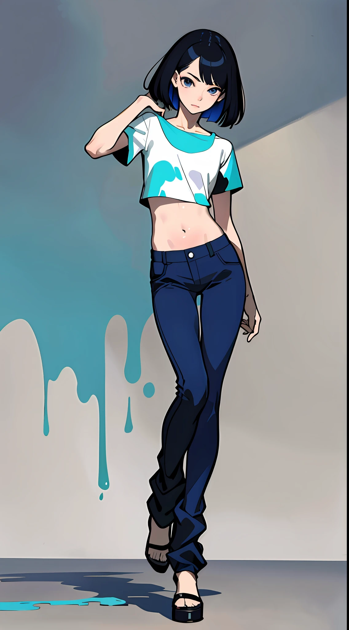 masterpiece, photorealistic, absurdres, best quality, flat color, splash paints, full body, 1girl, colored inner hair, crop top, lowrise long pants, navel