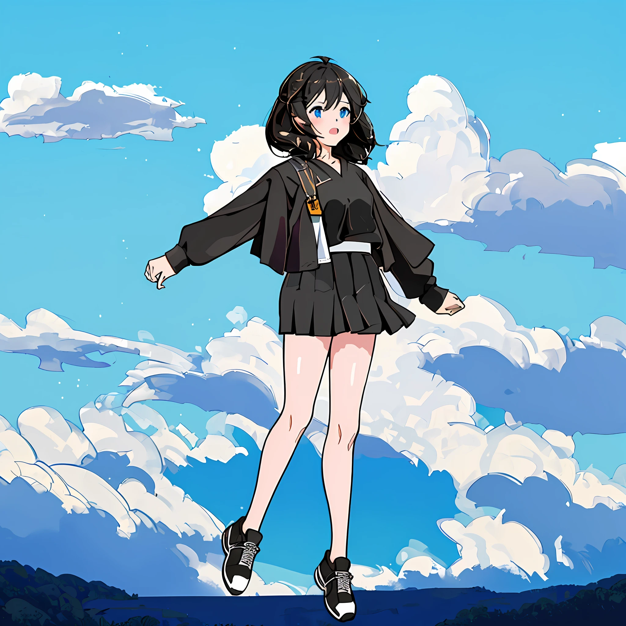 masterpiece, best quality, 1girl, solo, long hair, skirt, outdoors, cloud, black hair, blue eyes, shirt, long sleeves, shoes, sky, tree, black skirt, full body, blue sky, bangs, blush, blue shirt, sneakers, standing, grass, white footwear, cloudy sky, day, print shirt, looking at viewer, walking, from side,