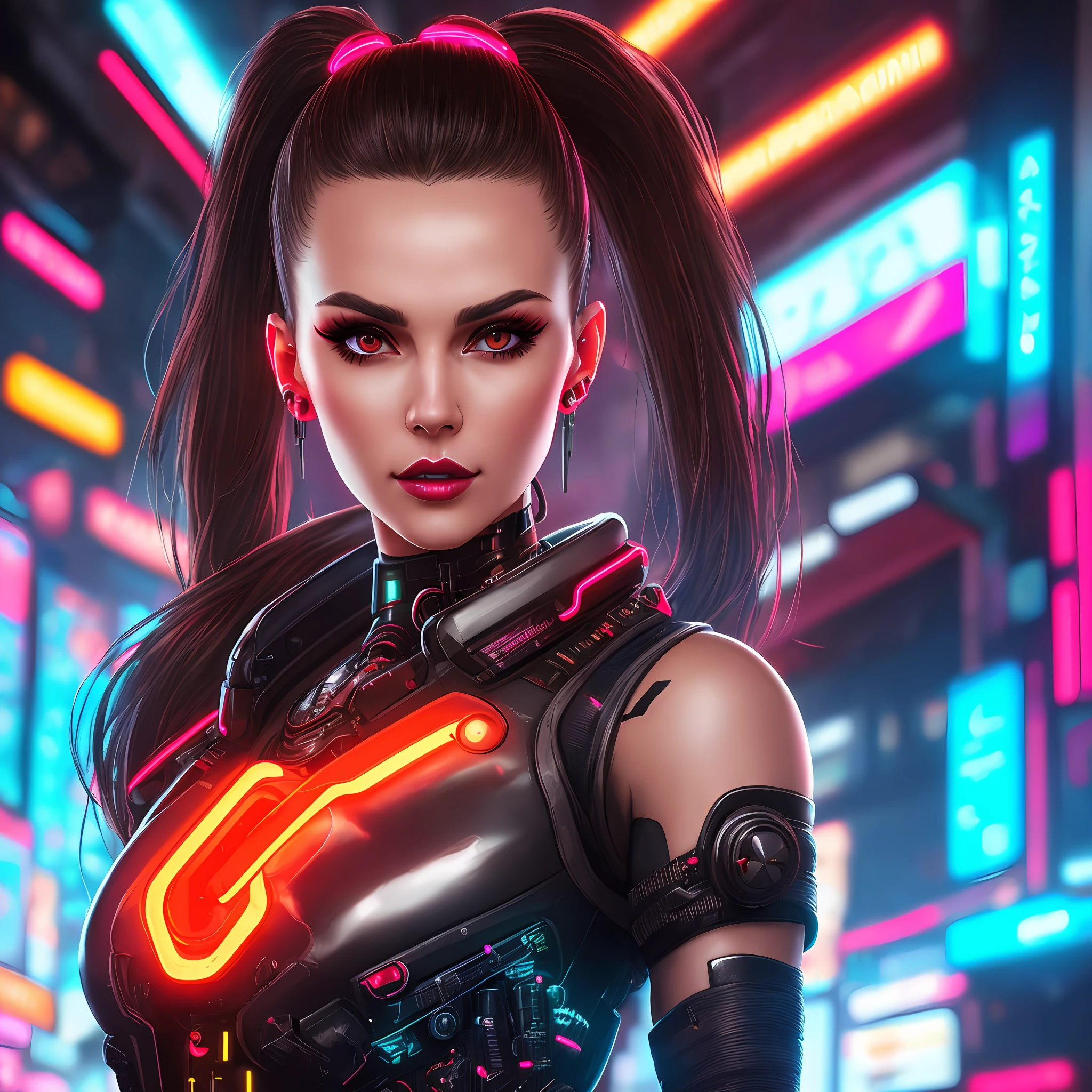 midshot of 1 stuningly beautiful brunette brown-eyed woman with one high ponytail, red glossy lips, neon lights, futuristic, cyborg implants, inspired by cyberpunk 2077, highly intricate image, detailed background, bold neon lights, backlights, dark ambient, 32k resolution, higher quality