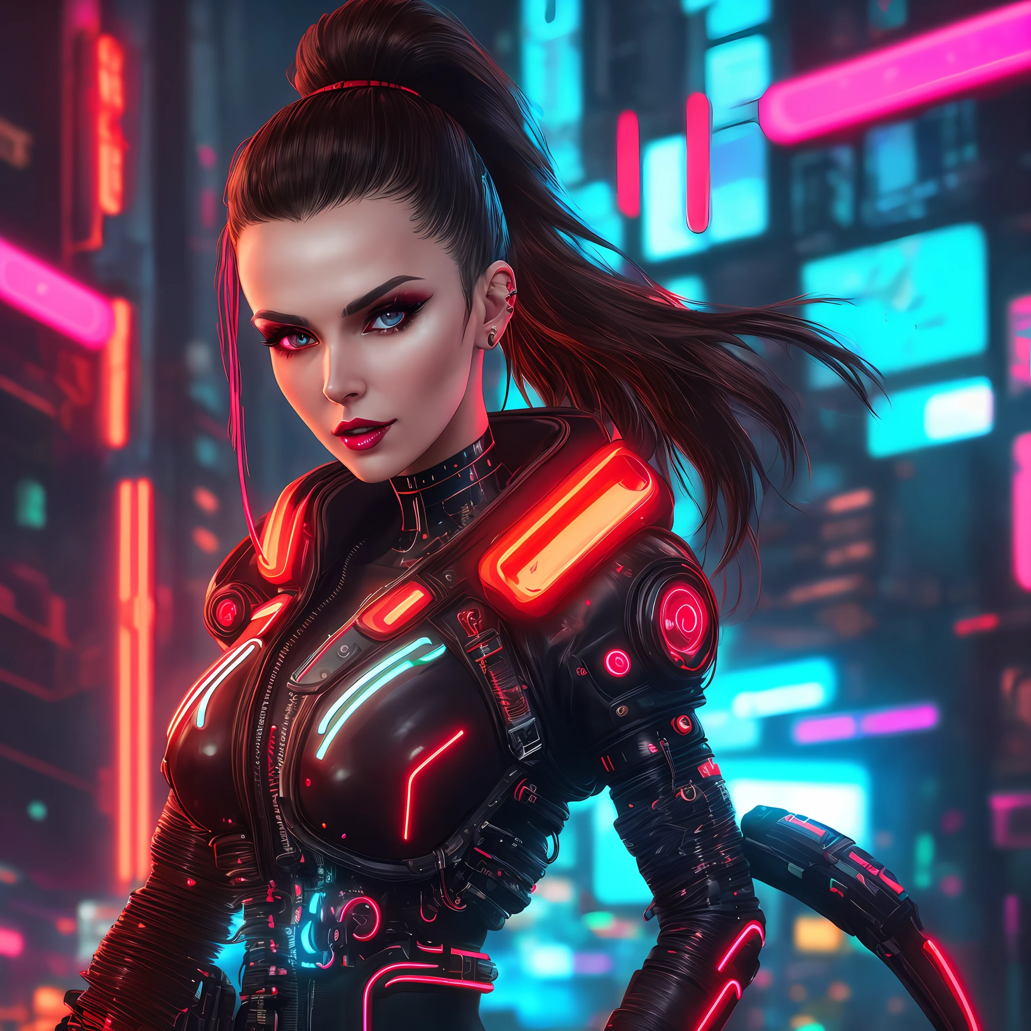 midshot of 1 stuningly beautiful brunette brown-eyed woman with one high ponytail, red glossy lips, neon lights, futuristic, cyborg implants, inspired by cyberpunk 2077, highly intricate image, detailed background, bold neon lights, backlights, dark ambient, 32k resolution, higher quality