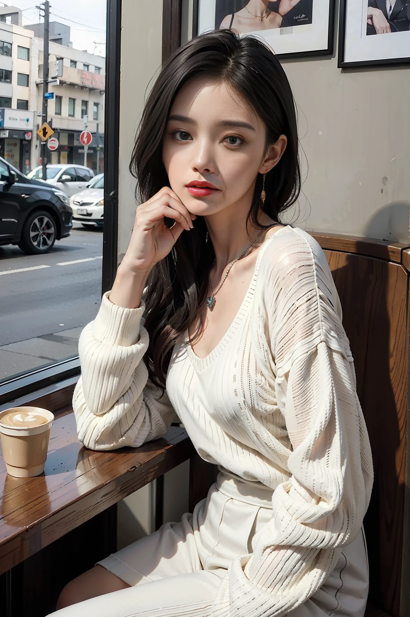 Best quality, full body portrait, delicate face, 27 year old woman, sexy figure, delicate necklace, delicate earrings, white sweater, loose black trousers, coffee shop, sitting on the side of the road, drinking coffee