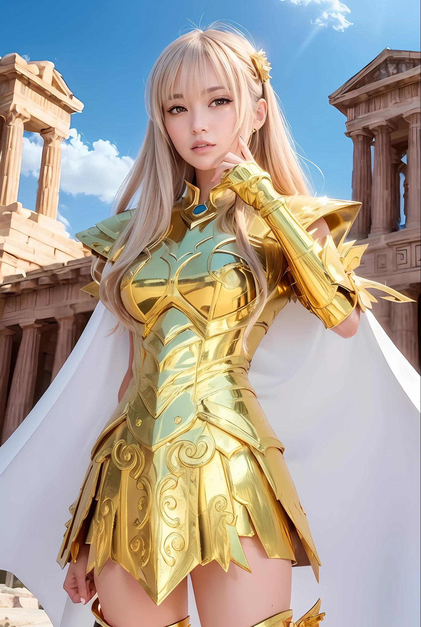 A woman in golden costume poses in front of the building, angel golden armor, light gold armor, gorgeous cosplay, knight of zodiac girl, portrait knight of zodiac girl, golden armor, golden armor, wearing golden armor, wearing light armor, golden goddess Athena, anime goddess, beautiful, stunning armor, beautiful armor, wearing golden armor, golden holy robe