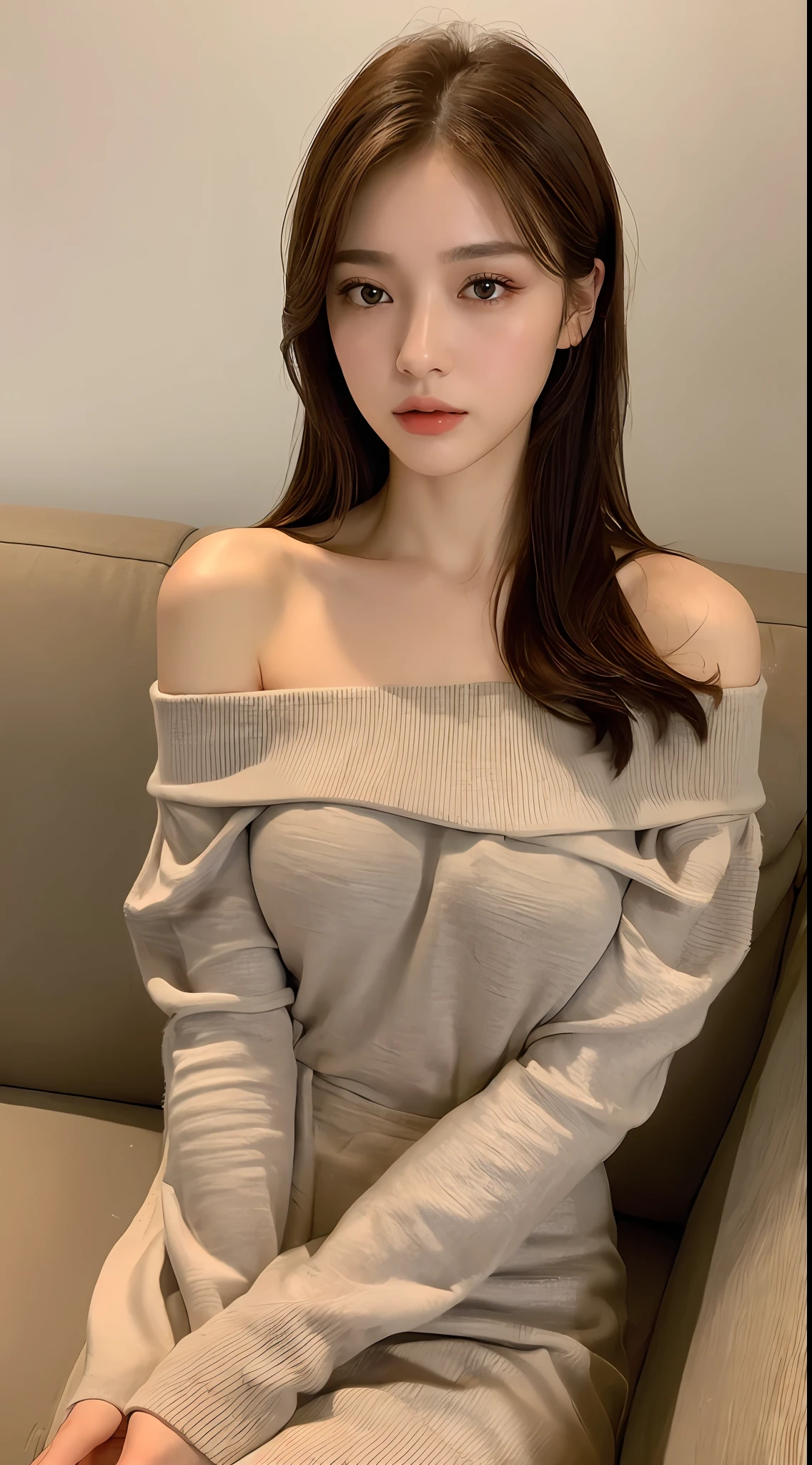 ((Night view, realistic light, best quality, 8k, masterpiece: 1.3)), 1girl, pretty woman with slim figure: 1.4, (brown hair, medium breasts: 1.3), off-the-shoulder cut top: 1.3, sofa, super detailed face, detailed eyes, double eyelids