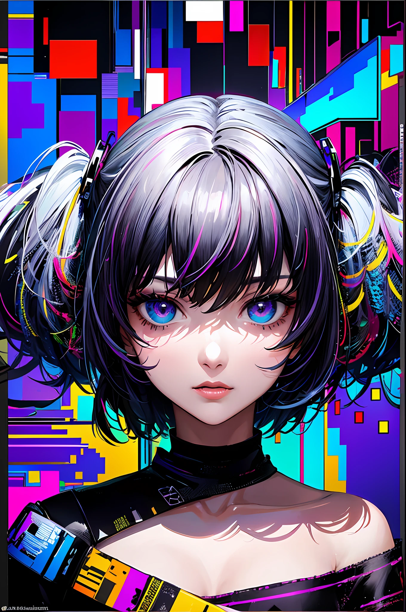(masterpiece, top quality, best quality, official art, beautiful and aesthetic:1.2), 1girl, glitch art, (digital distortion), pixelated fragments, data corruption,colorful noise, visual chaos,contemporary aesthetics
