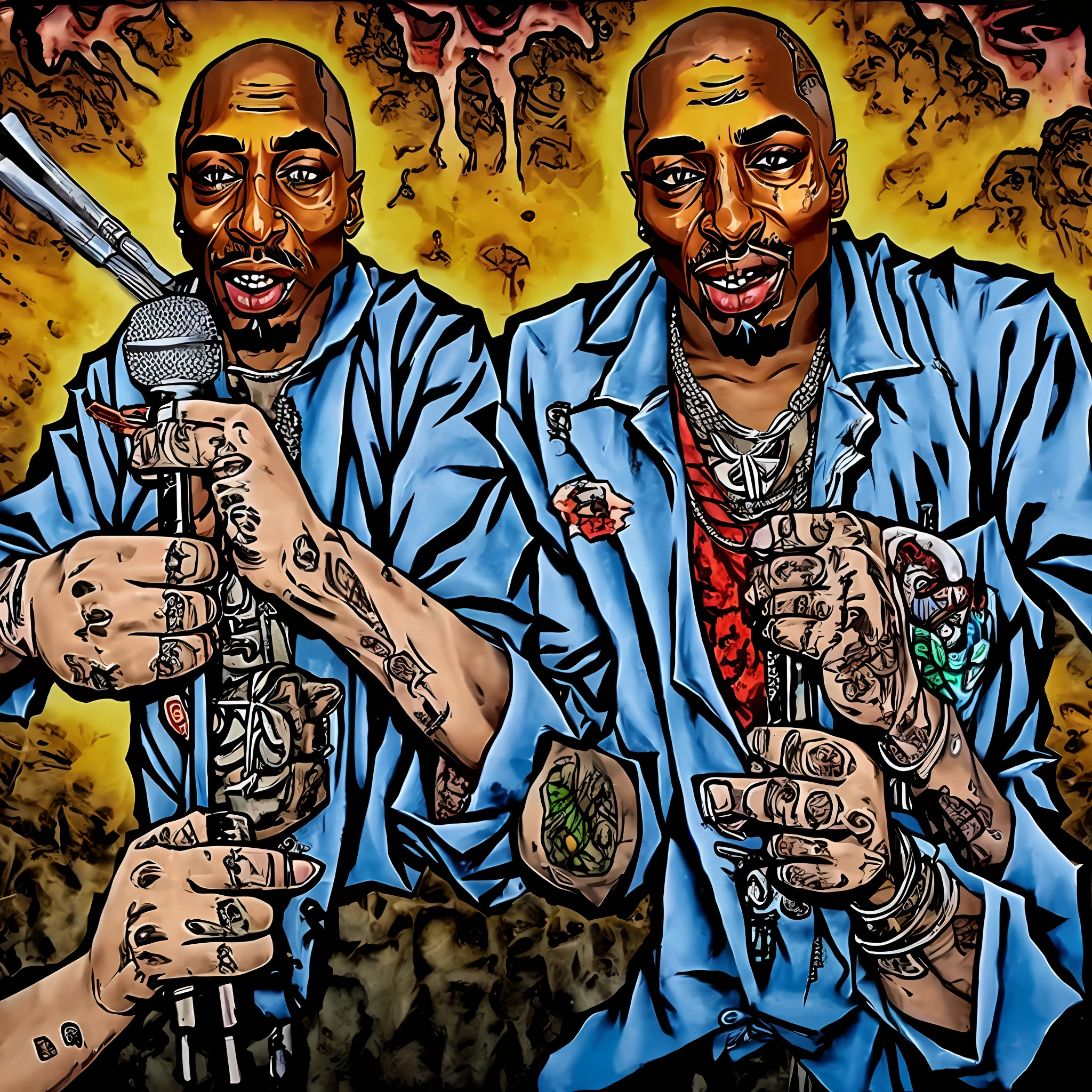 Legend rapper tupac style zombie, holding the mic, another hand holding a gun,