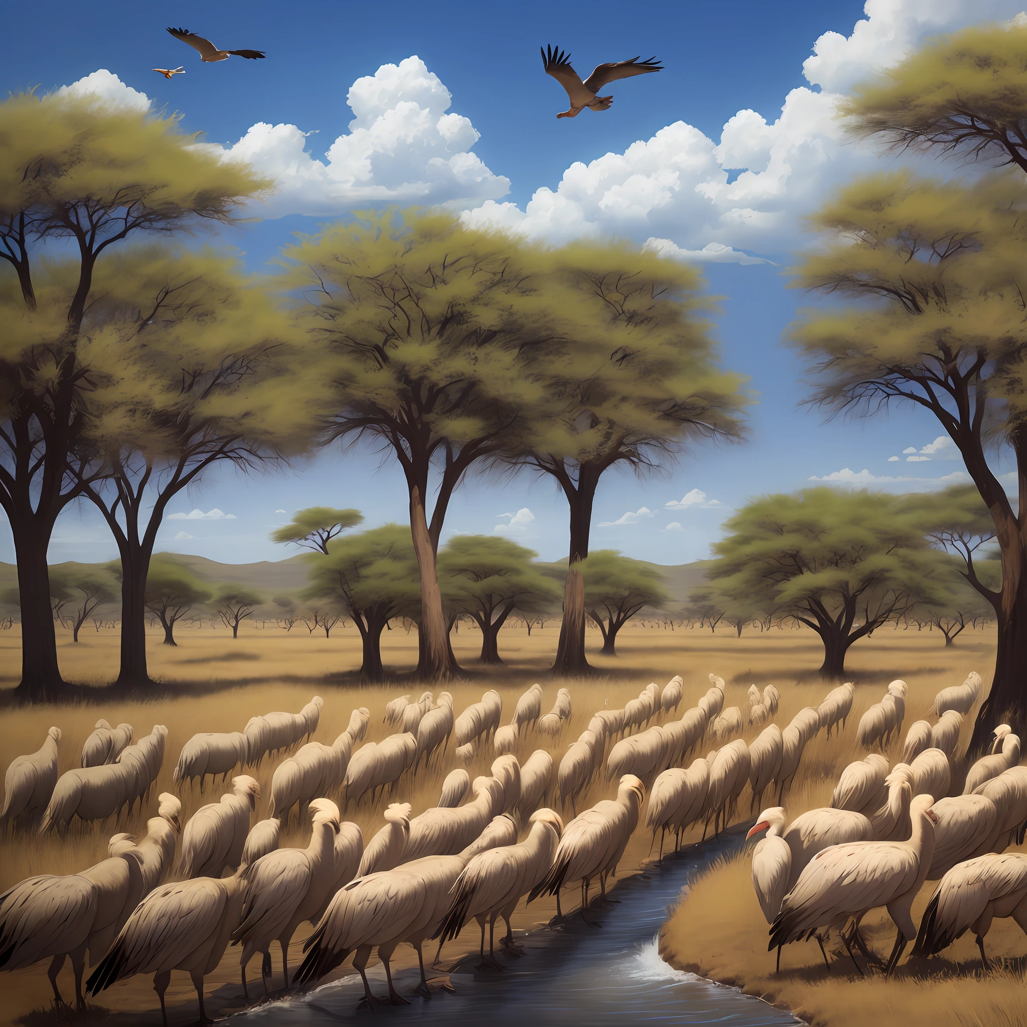 The vast African savannah is a rushing flow, nourishing the trees, and two vultures circling in the clear blue sky