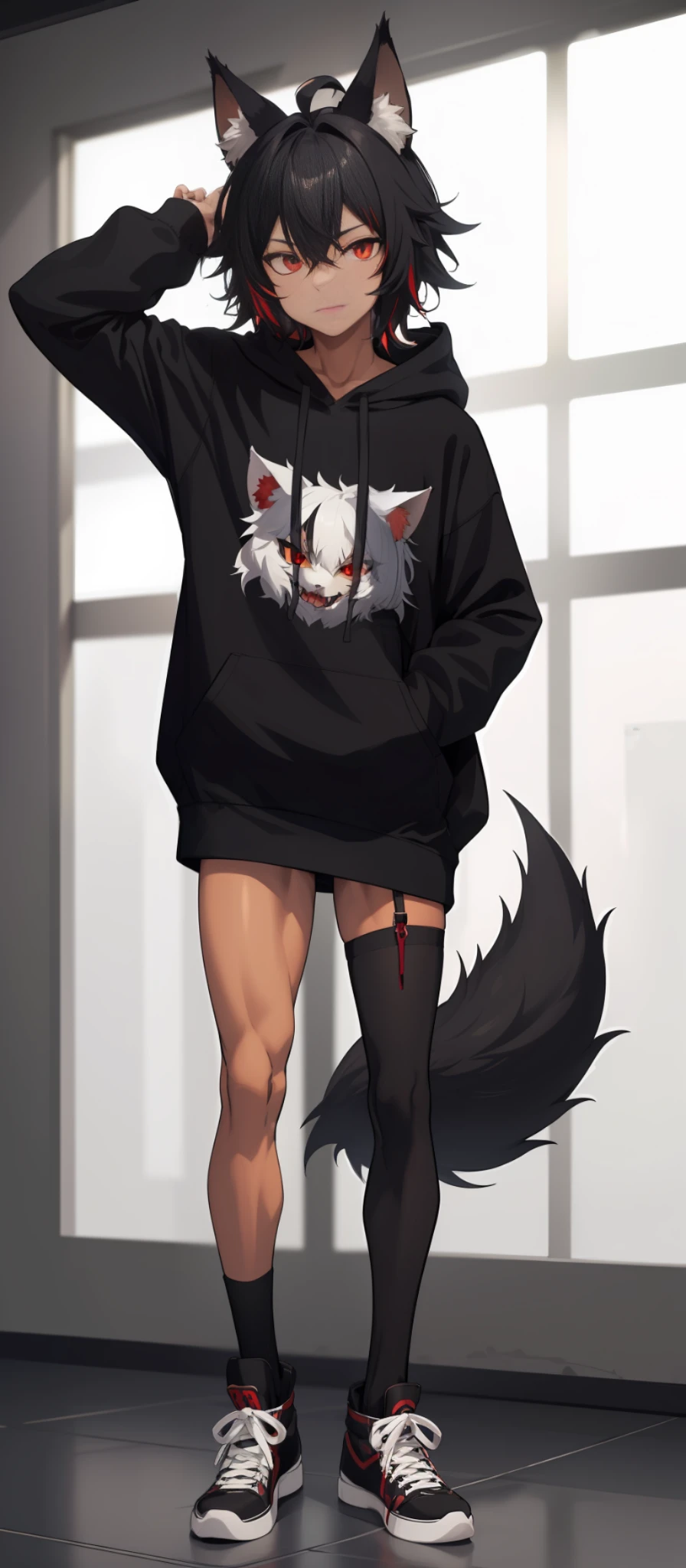 cat-boy, toned, sharp big wolf ears, wolf tail, big black messy hair, extremely vibrant red eyes, HD, masterpiece, slim dark black hoodie, full body view, neutral face, black thigh socks, combat boots.