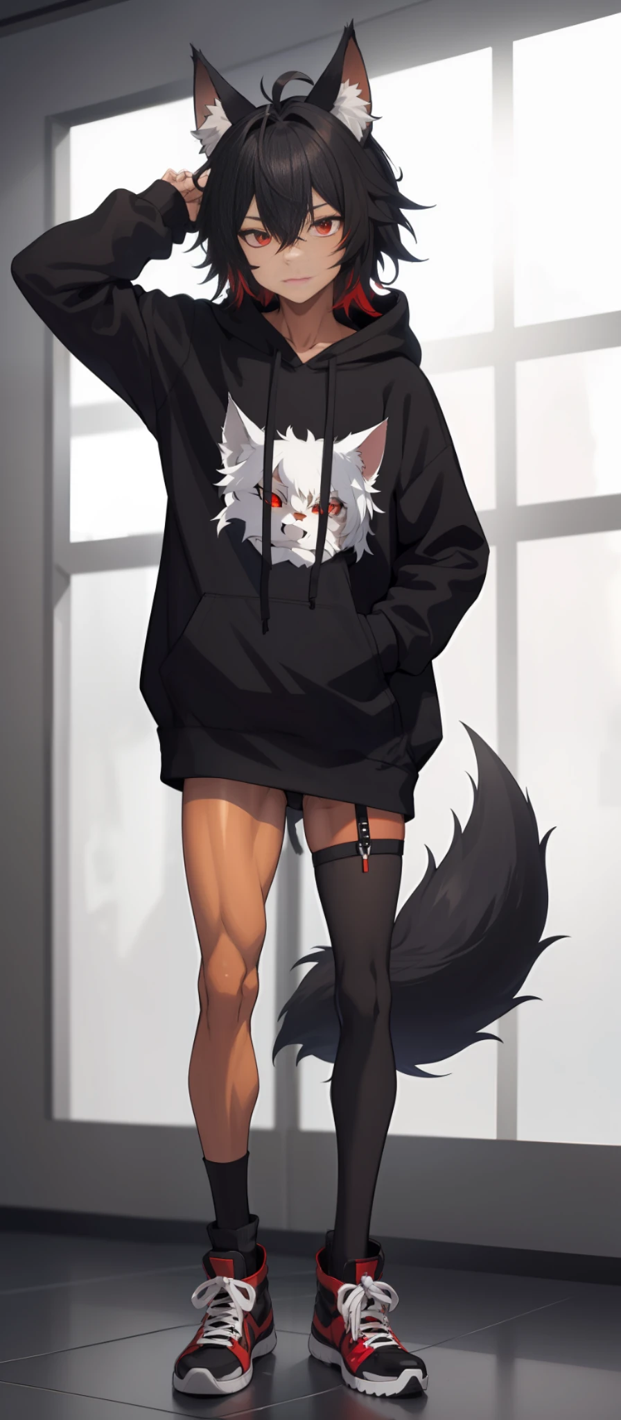 cat-boy, toned, sharp big wolf ears, wolf tail, big black messy hair, extremely vibrant red eyes, HD, masterpiece, slim dark black hoodie, full body view, neutral face, black thigh socks, combat boots.