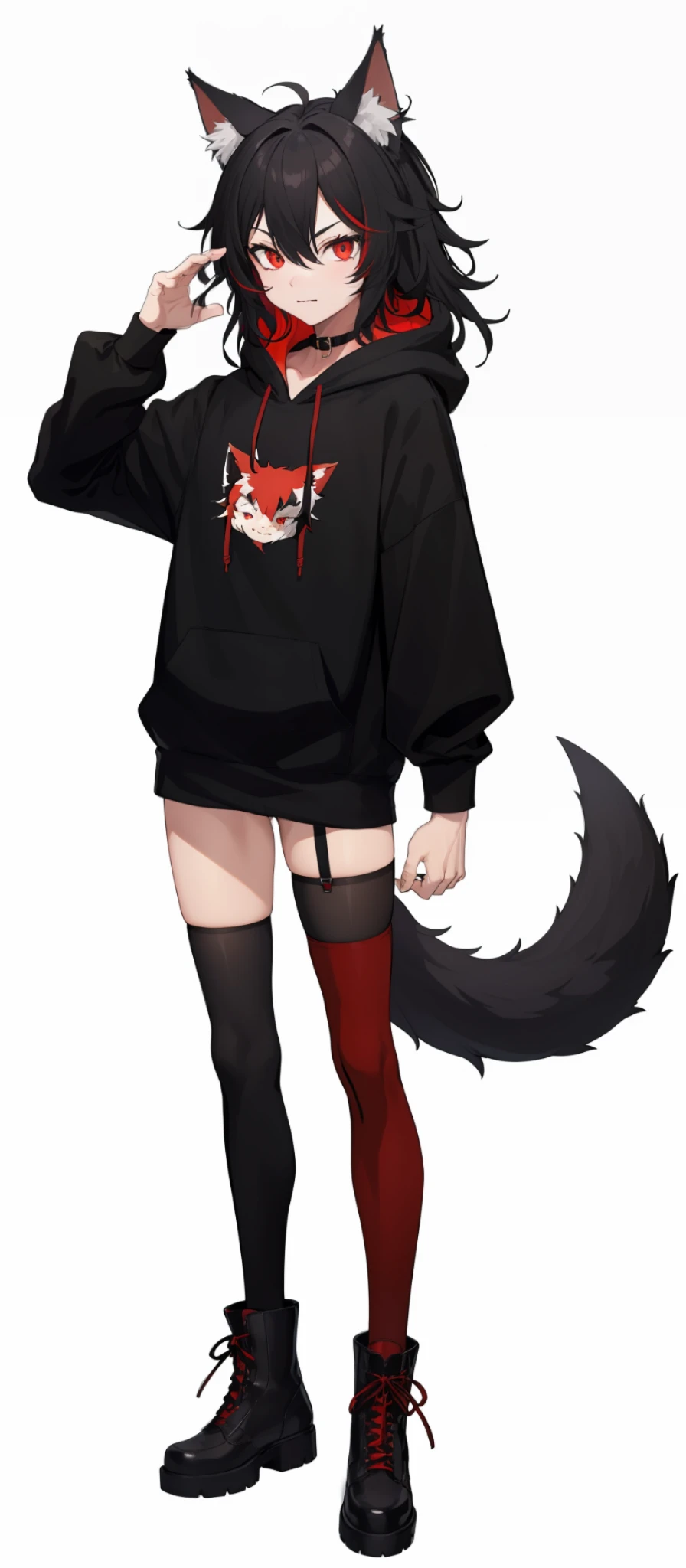cat-boy, toned, sharp big wolf ears, wolf tail, big black messy hair, extremely vibrant red eyes, HD, masterpiece, vibrant, slim dark black hoodie, full body view, neutral face, black thigh socks, combat boots.