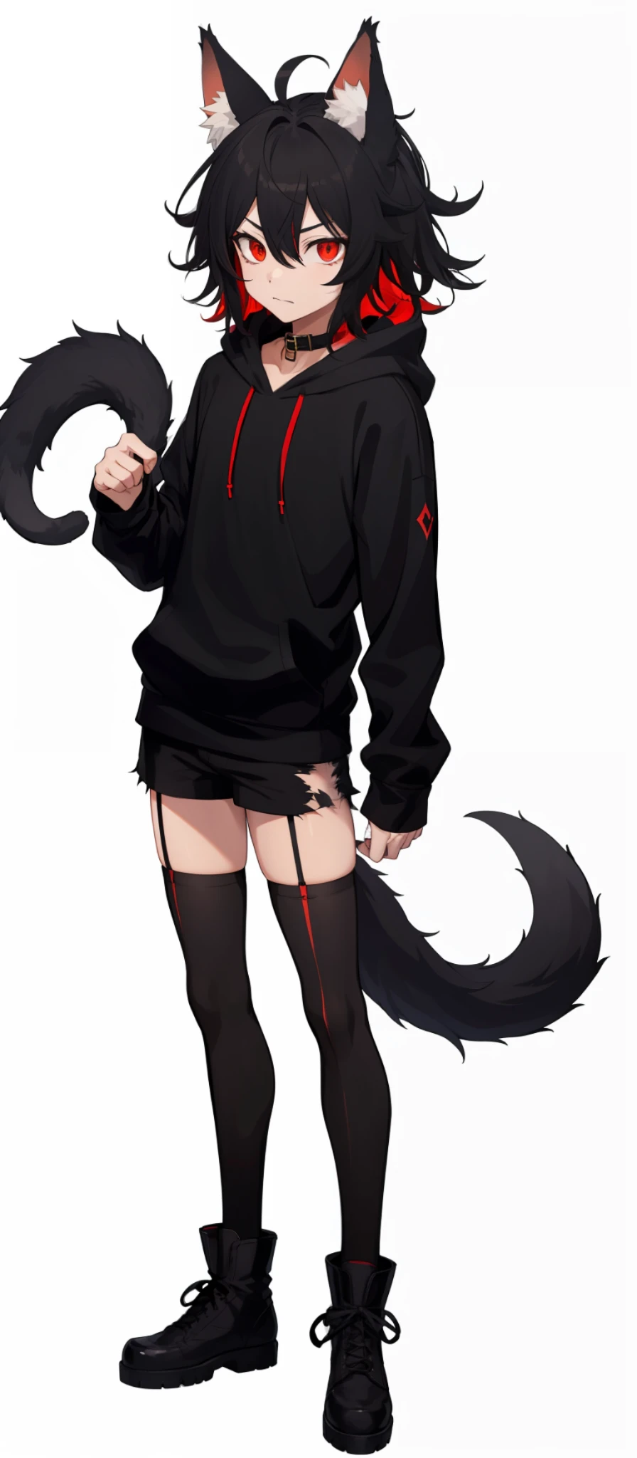 cat-boy, toned, sharp big wolf ears, wolf tail, big black messy hair, extremely vibrant red eyes, HD, masterpiece, vibrant, slim dark black hoodie, full body view, neutral face, black thigh socks, combat boots.