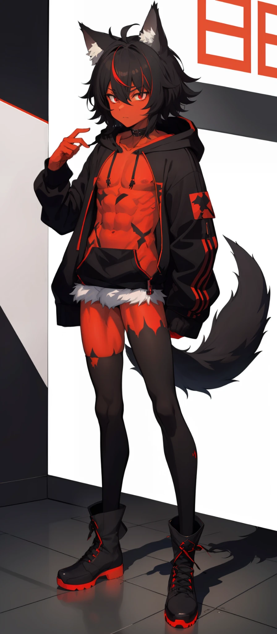 cat-boy, toned, sharp big wolf ears, wolf tail, big black messy hair, wide extremely vibrant red eyes, HD, masterpiece, vibrant, slim dark black hoodie, full body view, neutral face, black thigh socks,  combat boots.