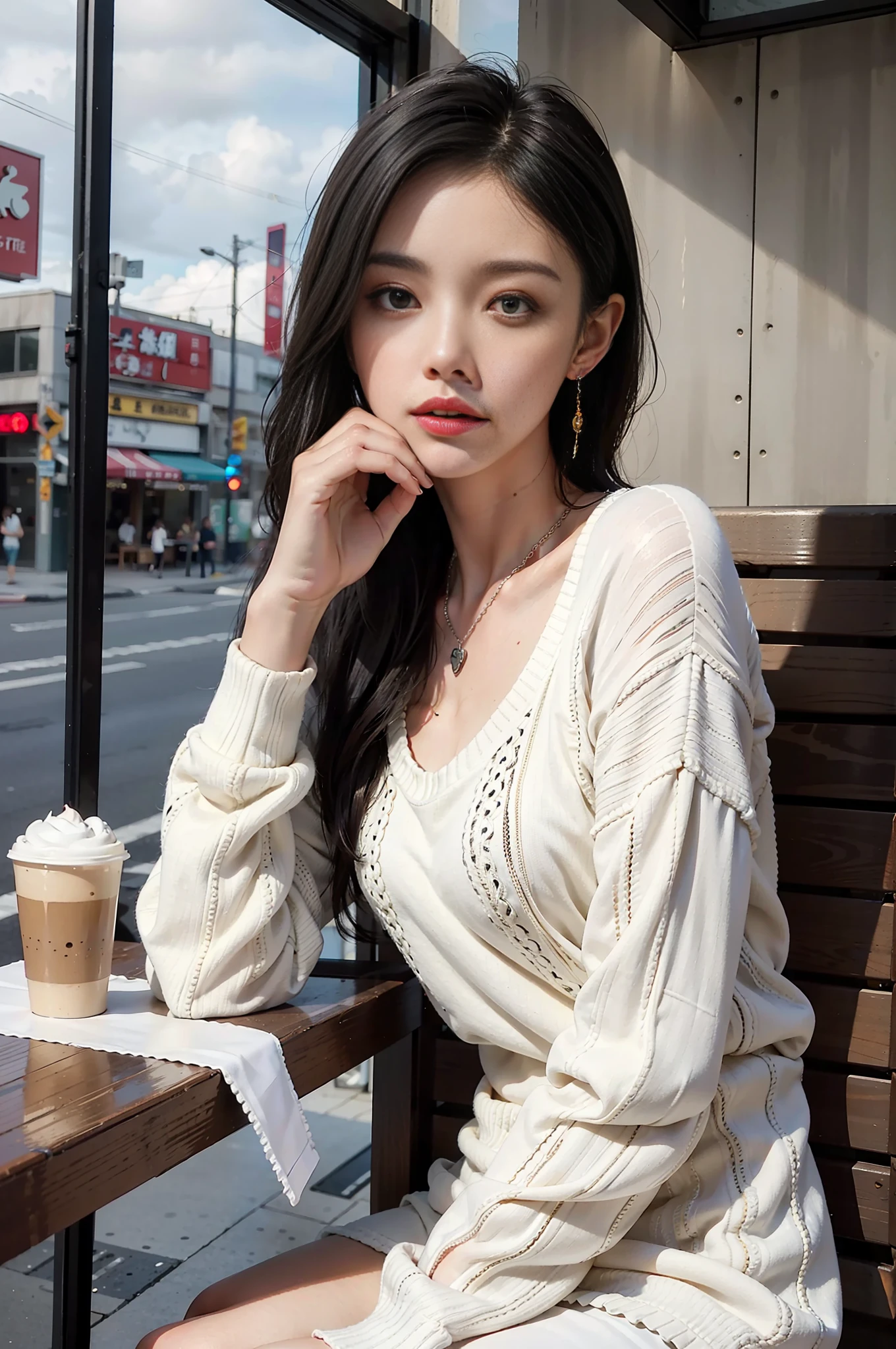 Best quality, full body portrait, delicate face, 27 year old woman, sexy figure, delicate necklace, delicate earrings, white sweater, loose black trousers, coffee shop, sitting on the side of the road, drinking coffee