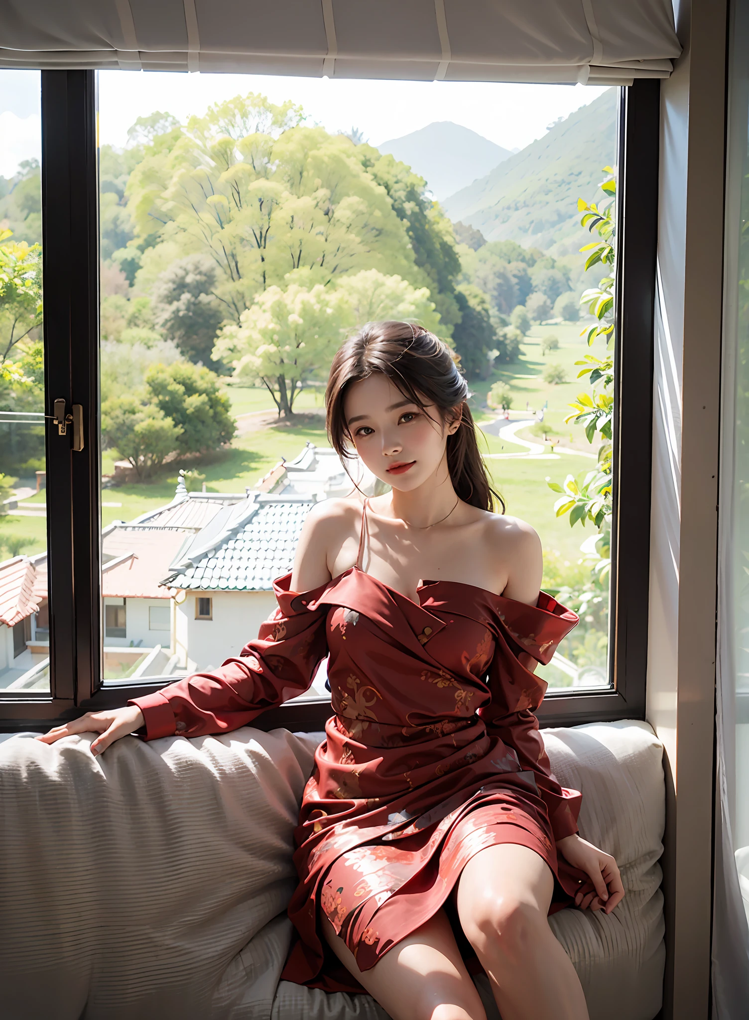 Woman in black sunglasses and red dress sitting on windowsill, wearing red dress, next to the window, near the window, Gorgeous Lady, solo, 1Girl of (20 yo), 20-year-old girl, young, aging, (lips slightly open), light smile, (thighs), jin clothing, jinstyle, outdoors, (looking view viewer: 1.3), perspective, (light blush), delicate eyes, (Complex: 1.05), (Looking at the audience), (Shiny skin, Skin dents), Wide Angle, Hanfu, Shiny Skin, Skin Dents, Best Quality, Ultra High Resolution, (Realism: 1.4),