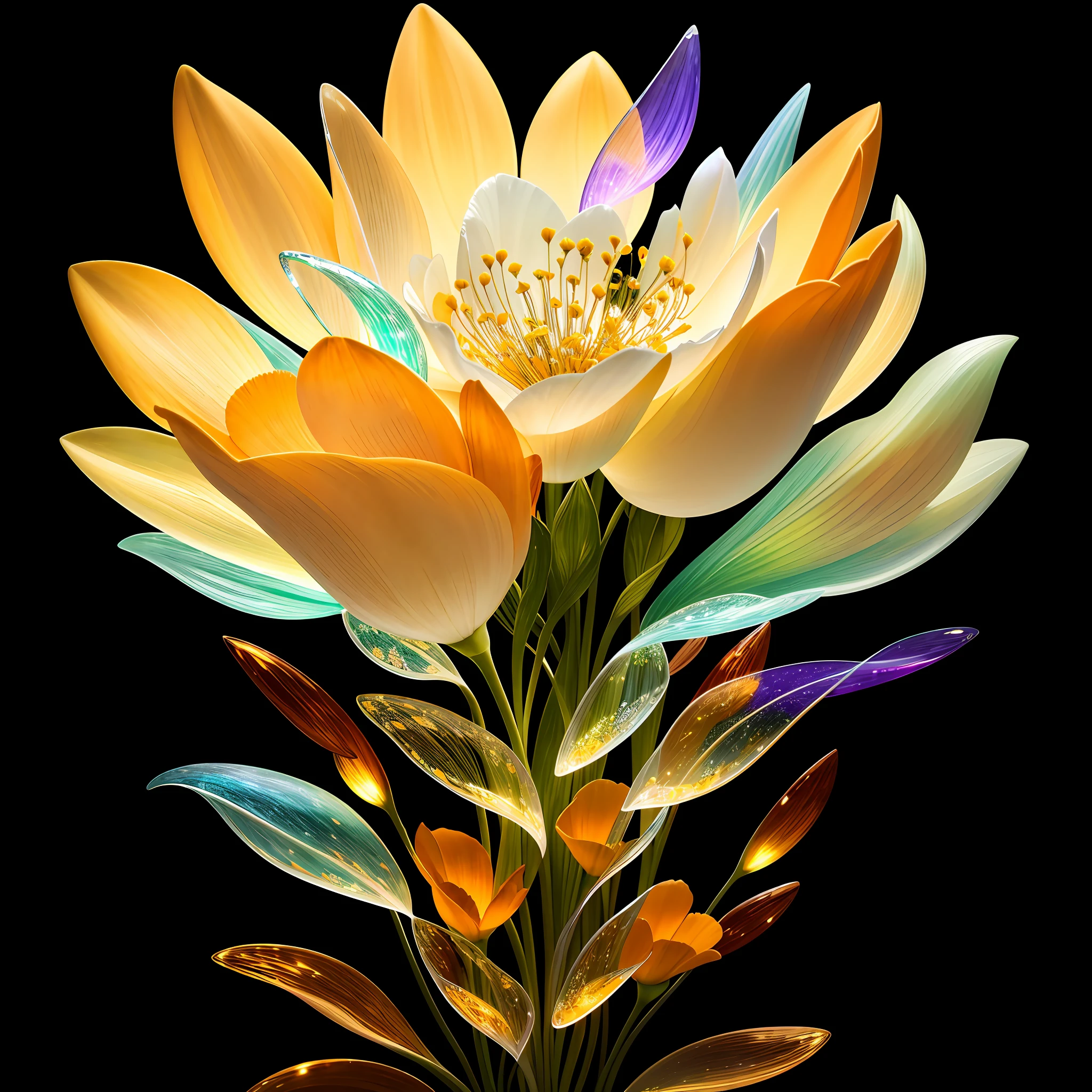 bouquet of delicate orange flowers, super transparent, holy light, beautiful spectral light, petals glow, flashing, dark background, transparent light drops, reflective light, bright, light flowing in, optics, portrait profile, sharp focus, magical, intricate, ultra realistic, fantasy, composition, light, trend in artstation, pearl, silver vapor patronus cloud, family of corrosive enveloping rays, 8k, ureal air 23v4 uplight