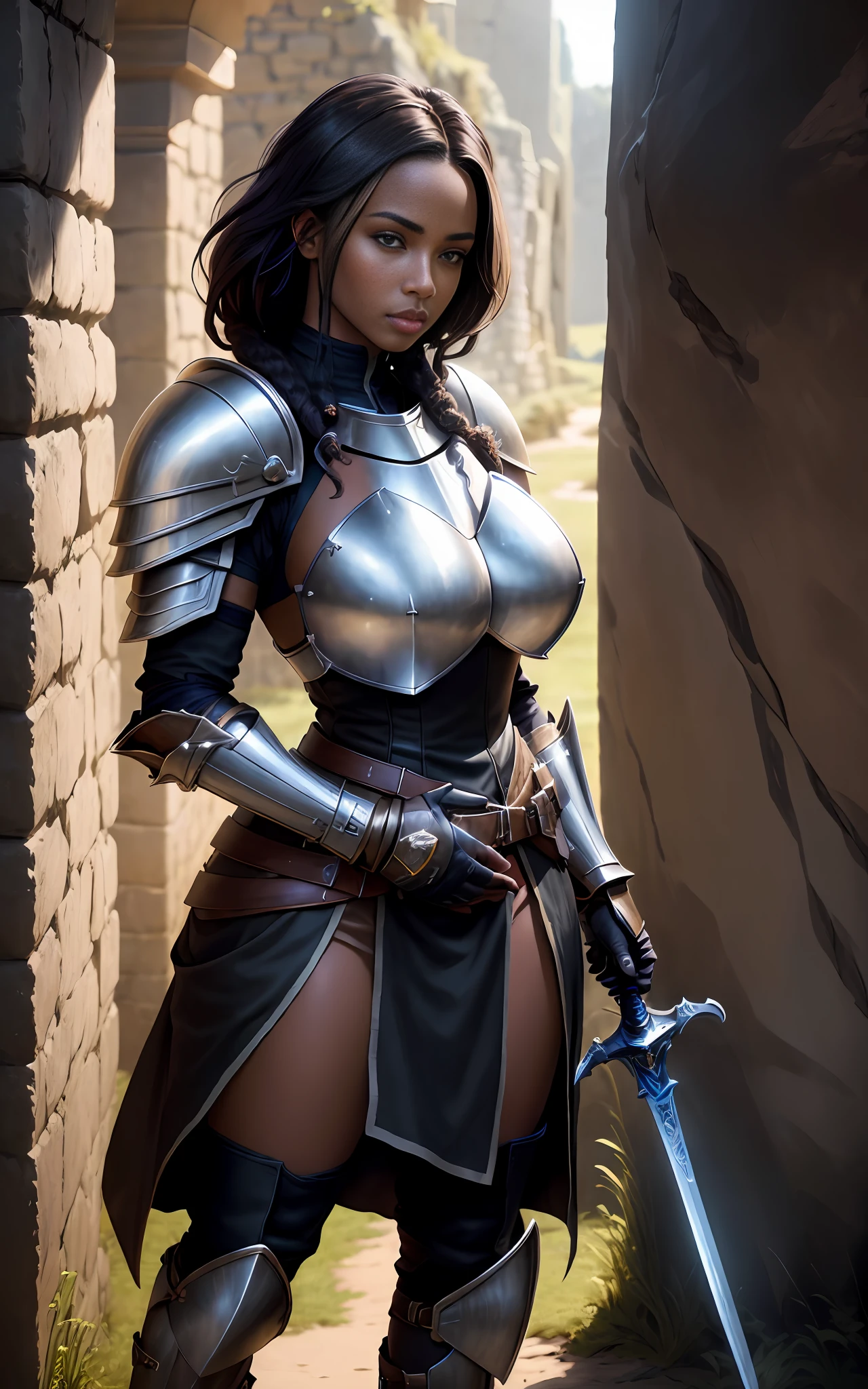 ((realistic image of beautiful young African warrior)), slight smile, ((standing in front of a stone wall)), wearing rusty Mandalorian armor, short dreadlock hair, leather boots, dark background lighting, close-up, detailed facial details, perfect face, sharpness, trend art, sharp facial details, ultra high quality, line art, high fantasy, exquisite, 4k, soft lighting 8k, Dreamer --ISO 100, anime, line art (extremely detailed 8k wallpaper), image a noble lady, the lord of the castle wife, wearing a Mandalorian armor, dramatic lighting and shadows, 8k resolution, intricate, high detail, dramatic, knight, female solo, hands resting on the sword, whole body, serene look, gauntlets, gloves, breastplate, shoulder armor, black gloves, serene face, armored vest, sword sheathed at waist, thick waist, huge breasts