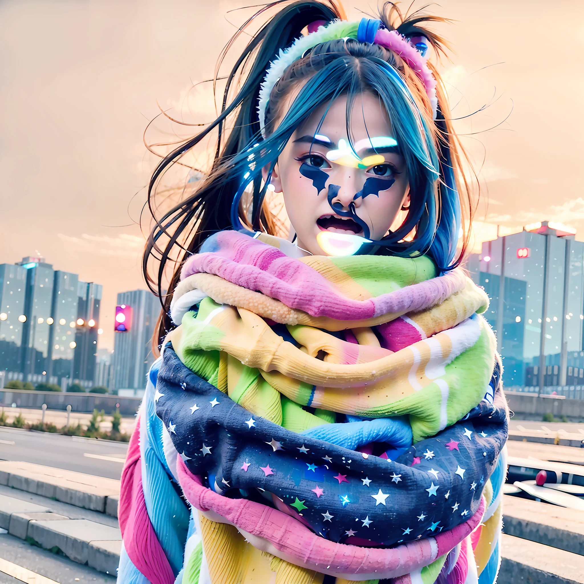 (Masterpiece), Best Quality, Ultra High Resolution, Little Girl, Cyberpunk 1girl Flying over Stunning Cityscape, Hoodie, Blue Hair, Neon Shooting Star, Very Long Hair, Off-the-Shoulders, Feather Hair Ornaments, Neon Color, Glitter, Stunning Night Sky, Cinematic Lighting, Realistic, Realistic Skins, HDR, Fisheye