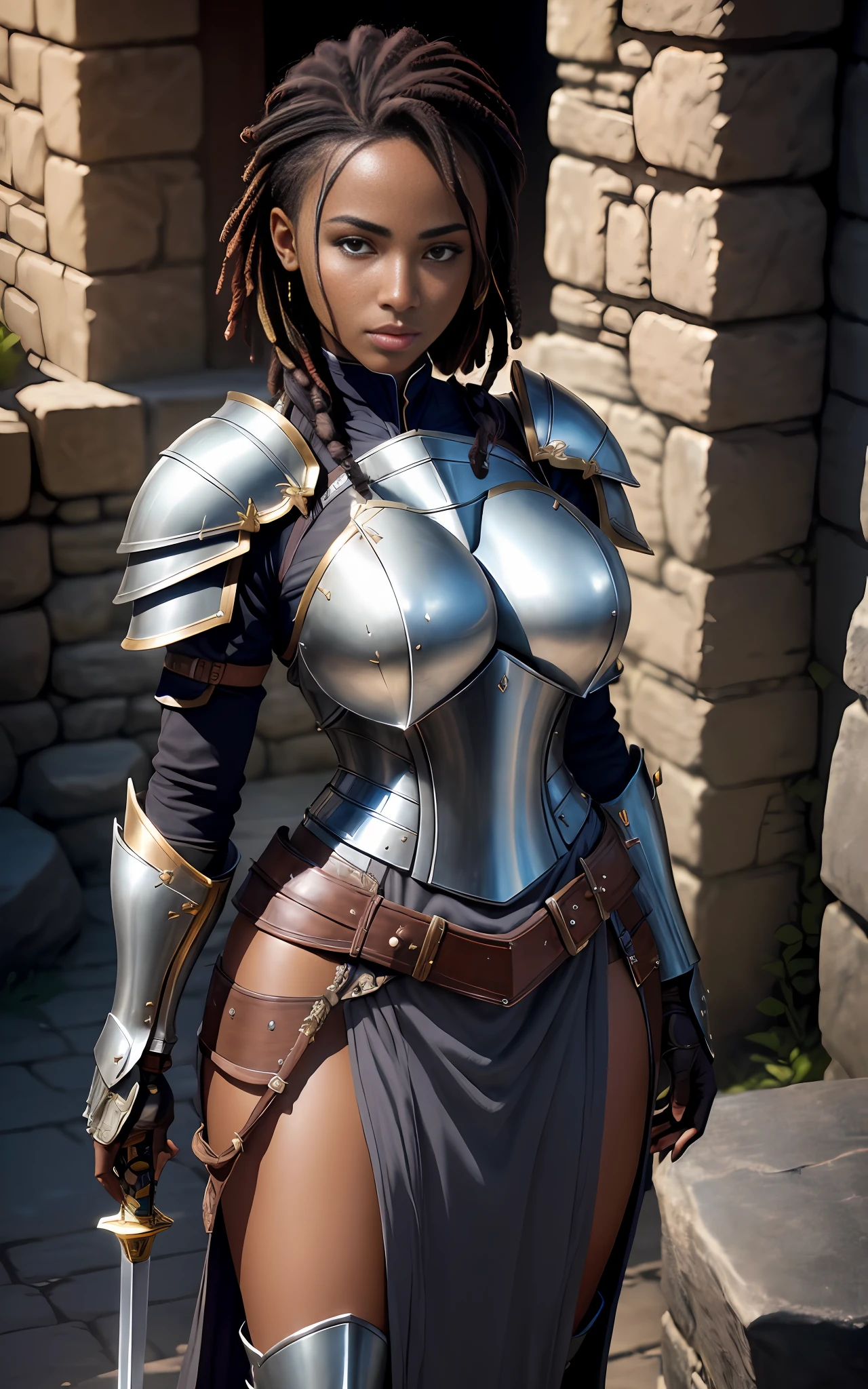 ((realistic image of beautiful young African warrior)), slight smile, ((standing in front of a stone wall)), wearing rusty Mandalorian armor, short dreadlock hair, leather boots, dark background lighting, close-up, detailed facial details, perfect face, sharpness, trend art, sharp facial details, ultra high quality, line art, high fantasy, exquisite, 4k, soft lighting 8k,  Dreamer --ISO 100, anime, line art (extremely detailed 8k wallpaper), image a noble lady, the lord of the castle wife, wearing a Mandalorian armor, dramatic lighting and shadows, 8k resolution, intricate, high detail, dramatic, knight, female solo, hands resting on the sword, whole body, serene look, gauntlets, gloves, breastplate, shoulder armor, black gloves,  serene face, armored vest, sword sheathed at waist, thick waist, huge breasts