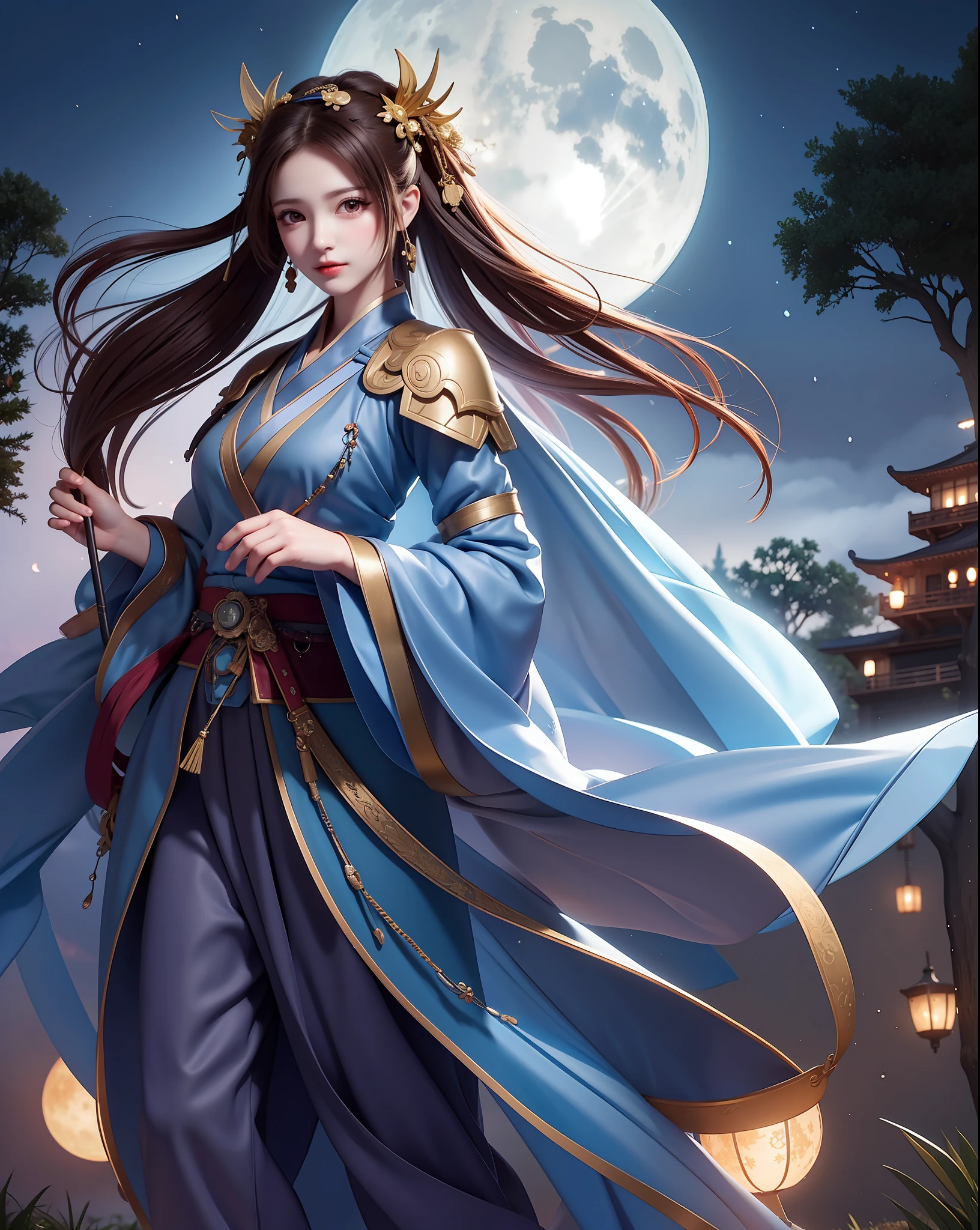 Masterpiece, best quality, night, hills, clouds, full moon, long hair, woman, silhouette, firefly, holding a sword, Hanfu, wearing a long Hanfu, cicadas,