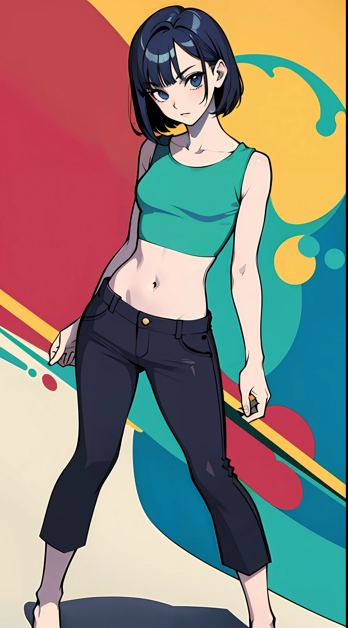 masterpiece, photorealistic, absurdres, best quality, flat color, splash paints, full body, 1girl, colored inner hair, crop top, lowrise long pants, navel