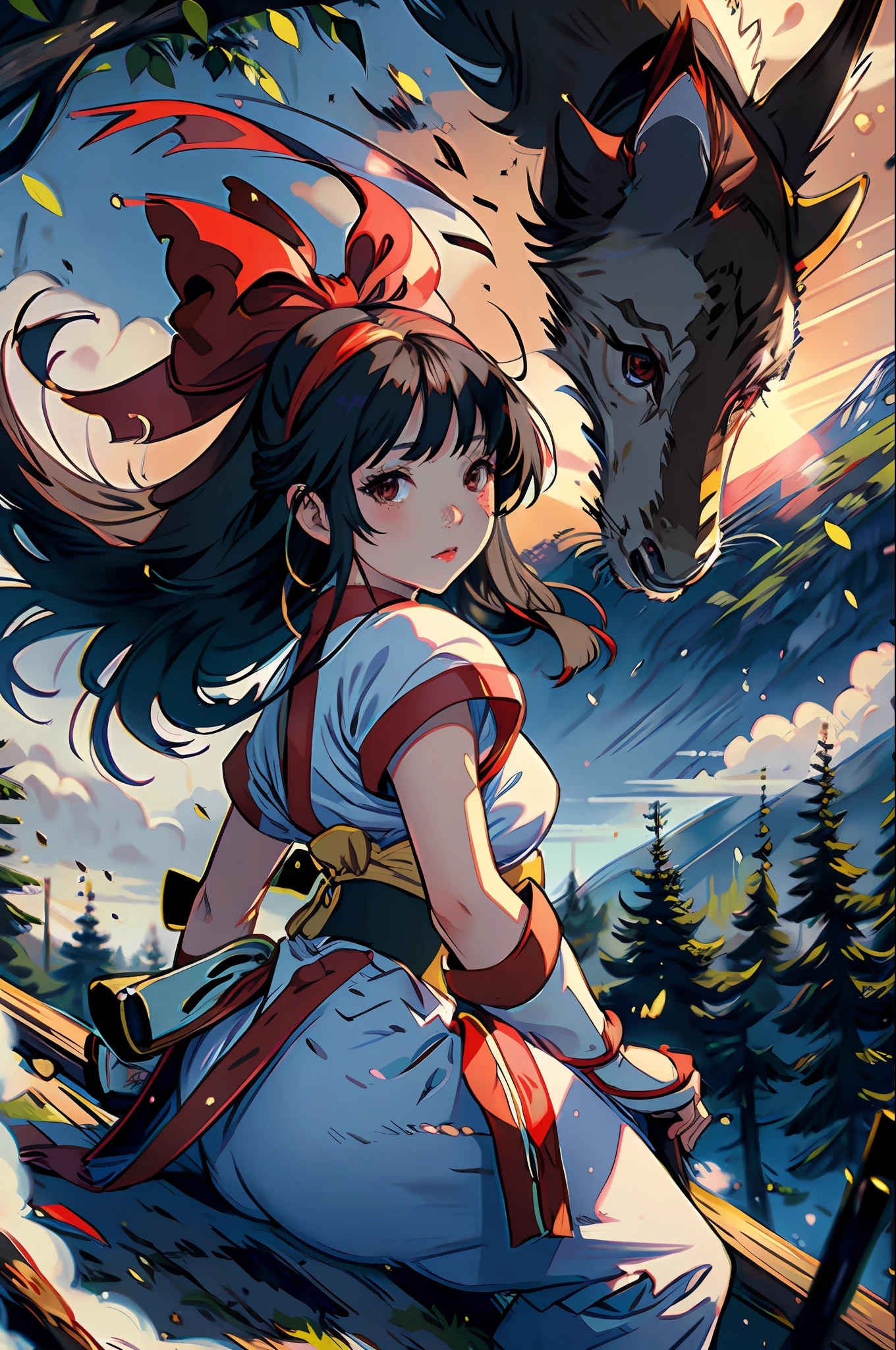 masterpiece, best quality,1girl, red bow, bow, long hair, hair bow, ainu clothes, solo, hairband, bird, black hair, fingerless gloves, short sleeves, gloves, sash, pants, bangs, red hairband, weapon, breasts, brown eyes, white pants, japanese clothes, nakoruru, light smile, officials art, good composition, official pose, detailed portrait, portrait, bokeh, mountain background with cloud, pencil style, traditional brush, samurai, onmyoji style, high resolution, dramatic lighting and shadow, high contrast, sun