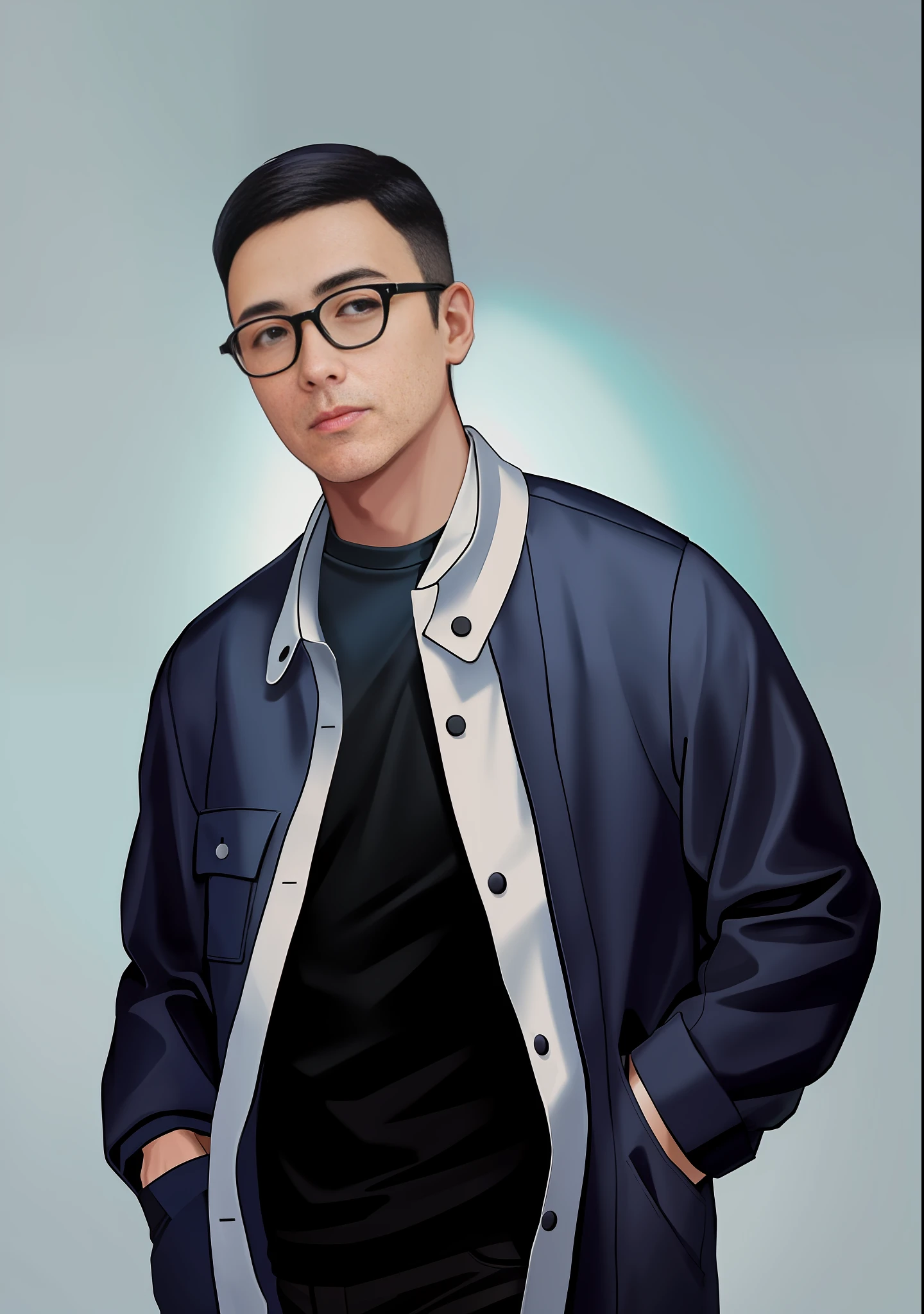 (Master Works), (A Young Asian Male), Wearing Black-Framed Glasses, (Anime Illustration: 1.4), Wearing a Jacket, Hands in Pockets of Clothes, Blue Background, Digital Illustration Art, ArtStation