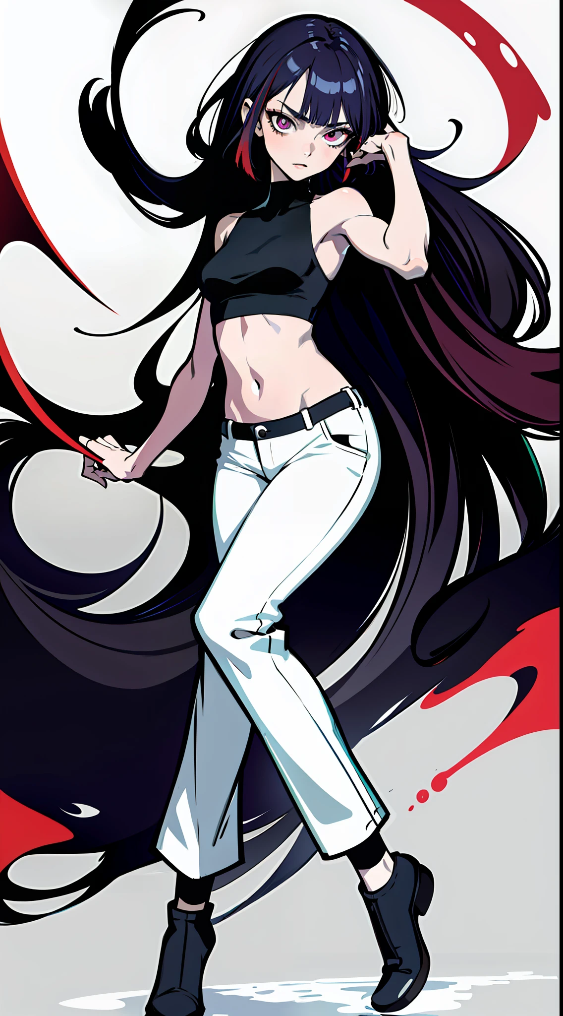 masterpiece, photorealistic, absurdres, best quality, flat color, splash paints, full body, 1girl, colored inner hair, crop top, lowrise long pants, navel, highres, ultra detailed, sharp pupils, sharp focus