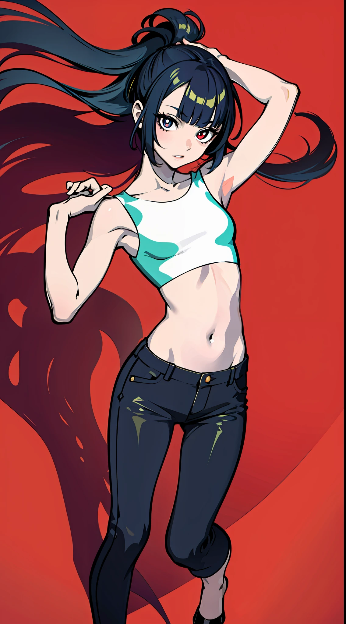 masterpiece, photorealistic, absurdres, best quality, flat color, splash paints, full body, 1girl, colored inner hair, crop top, lowrise long pants, navel, highres, ultra detailed, sharp pupils, sharp focus