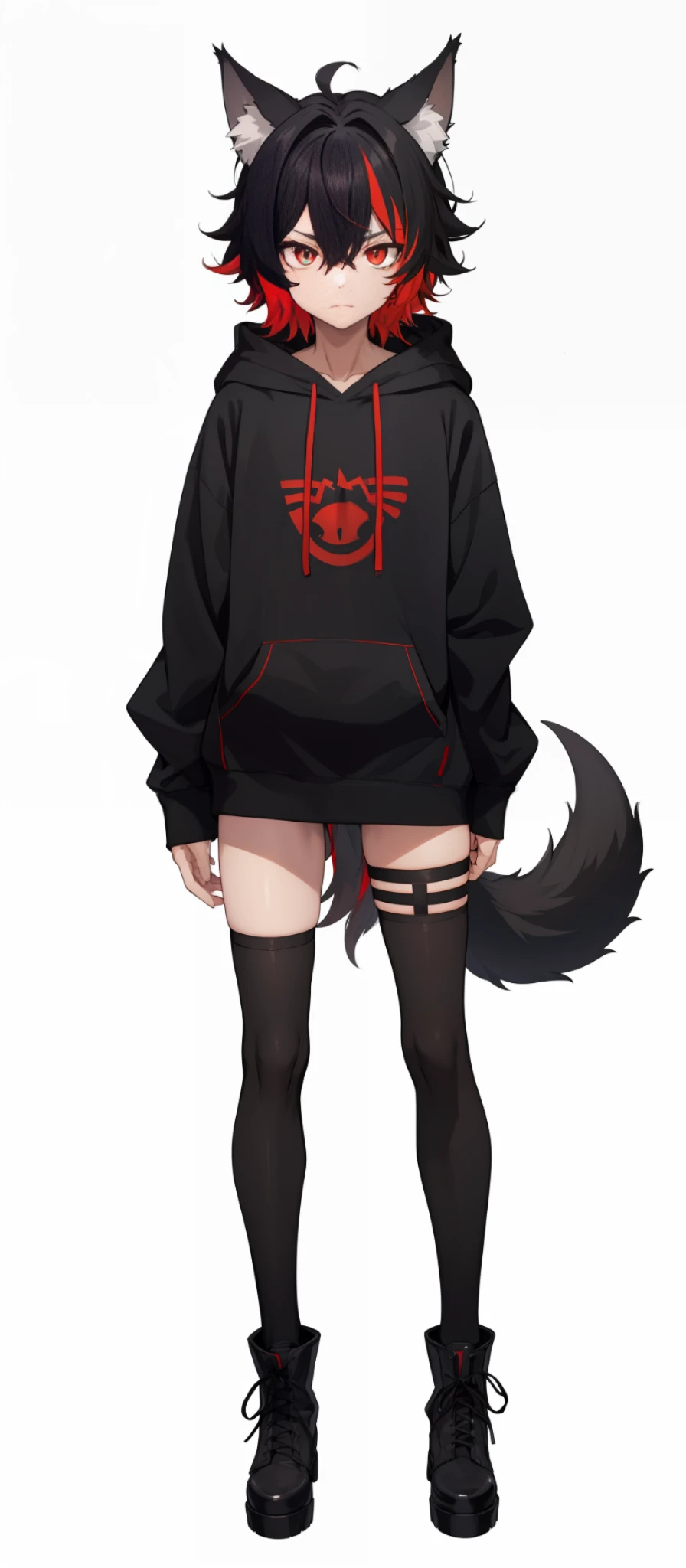 cat-boy, toned, sharp big wolf ears, wolf tail, big black messy hair, wide extremely vibrant red eyes, HD, masterpiece, vibrant, slim dark black hoodie, full body view, neutral face, black thigh socks, combat boots.