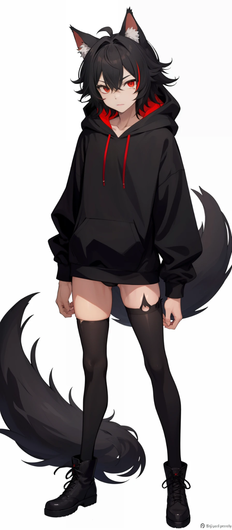 cat-boy, toned, sharp big wolf ears, wolf tail, big black messy hair, wide extremely vibrant red eyes, HD, masterpiece, vibrant, slim dark black hoodie, full body view, neutral face, black thigh socks, combat boots.