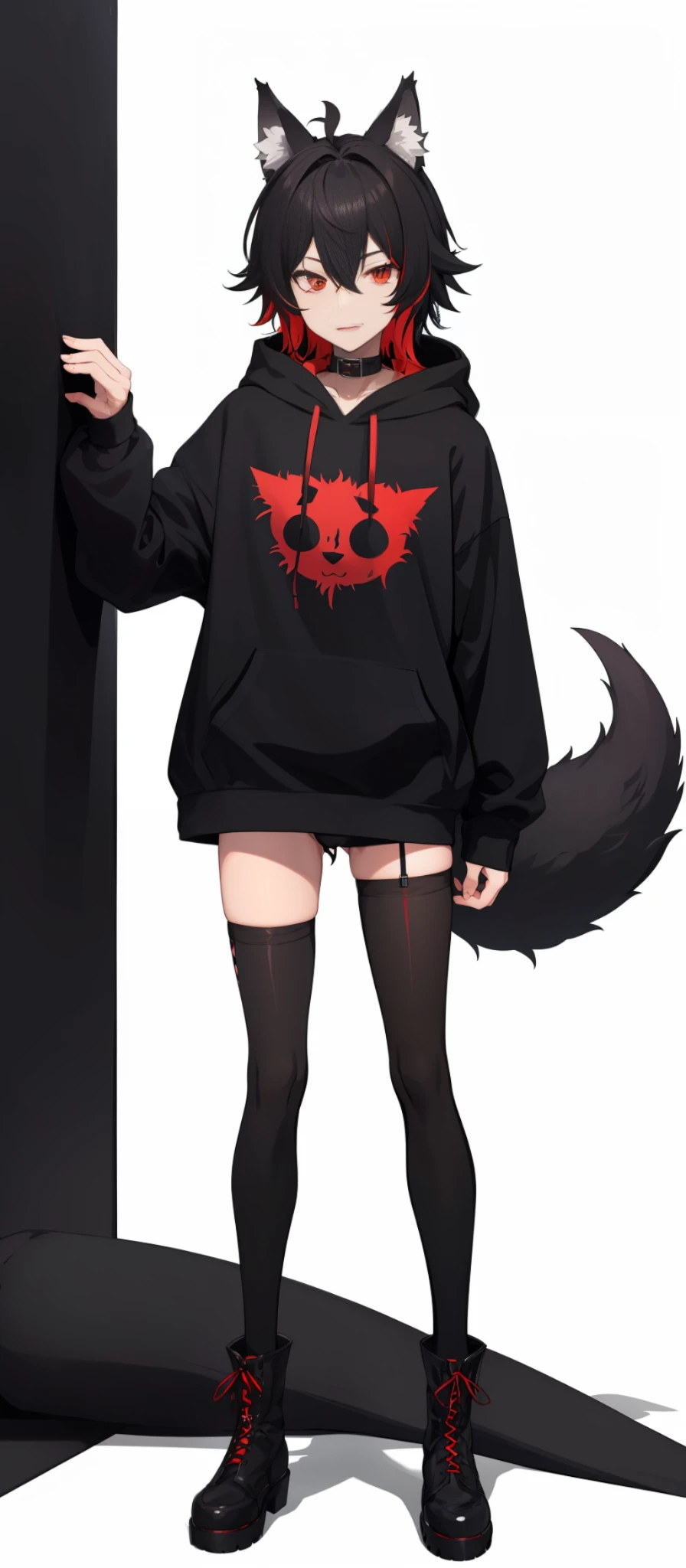 cat-boy, toned, sharp big wolf ears, wolf tail, big black messy hair, wide extremely vibrant red eyes, HD, masterpiece, vibrant, slim dark black hoodie, full body view, neutral face, black thigh socks, combat boots.