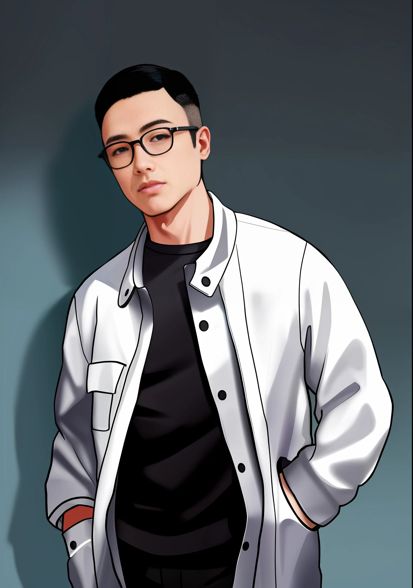 (Master Works), (A Young Asian Male), Wearing Black-Framed Glasses, (Anime Illustration: 1.4), Wearing a Jacket, Hands in Pockets, Solid Color Background, Digital Illustration Art, ArtStation